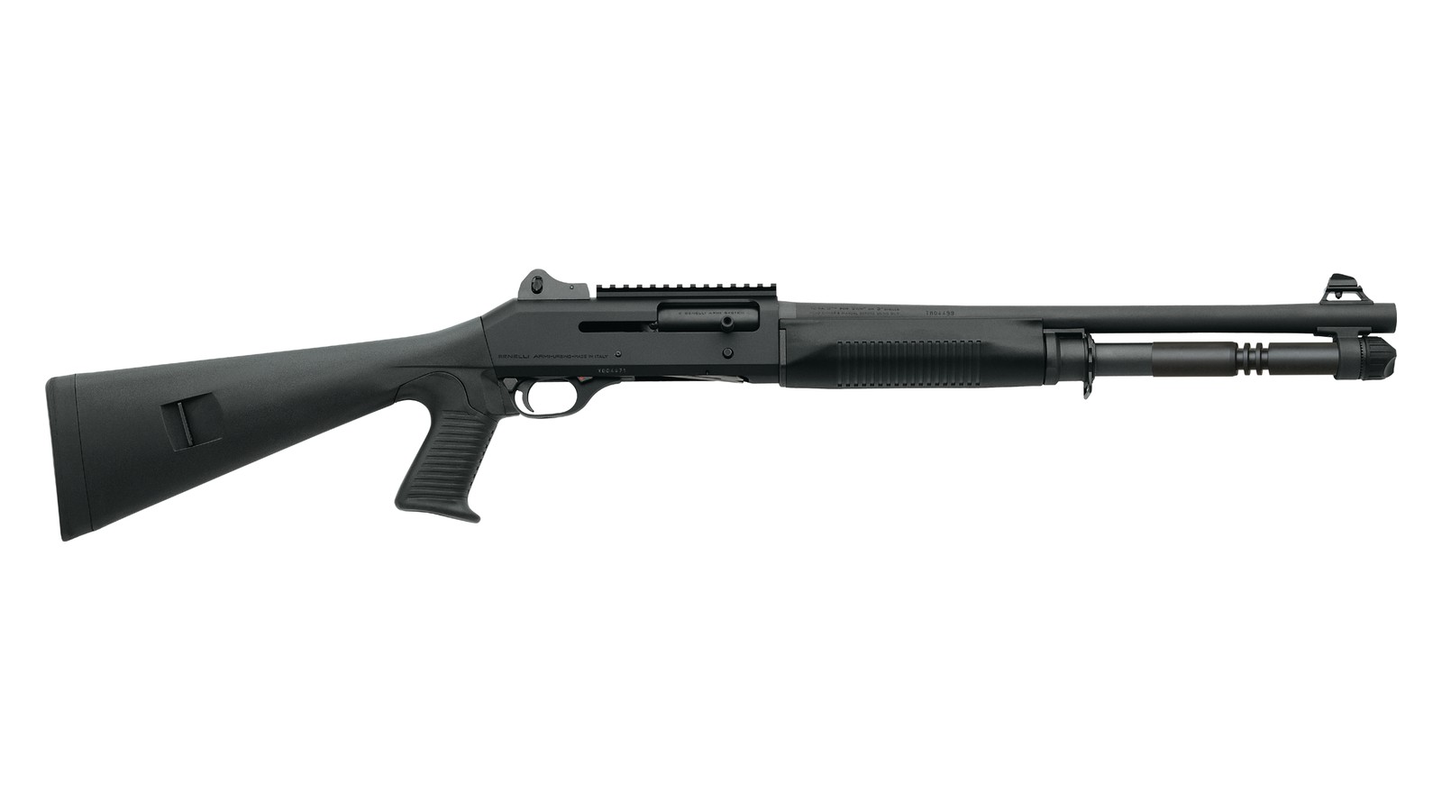 Benelli M4 Tactical 12 gauge semi-automatic shotgun with black synthetic pistol grip stock and ghost ring sights