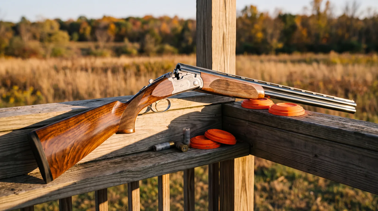 Beretta 687 Silver Pigeon III over and under shotgun broken open on the rail of a wooden sporting clays station in golden afternoon light with clay targets and spent hulls