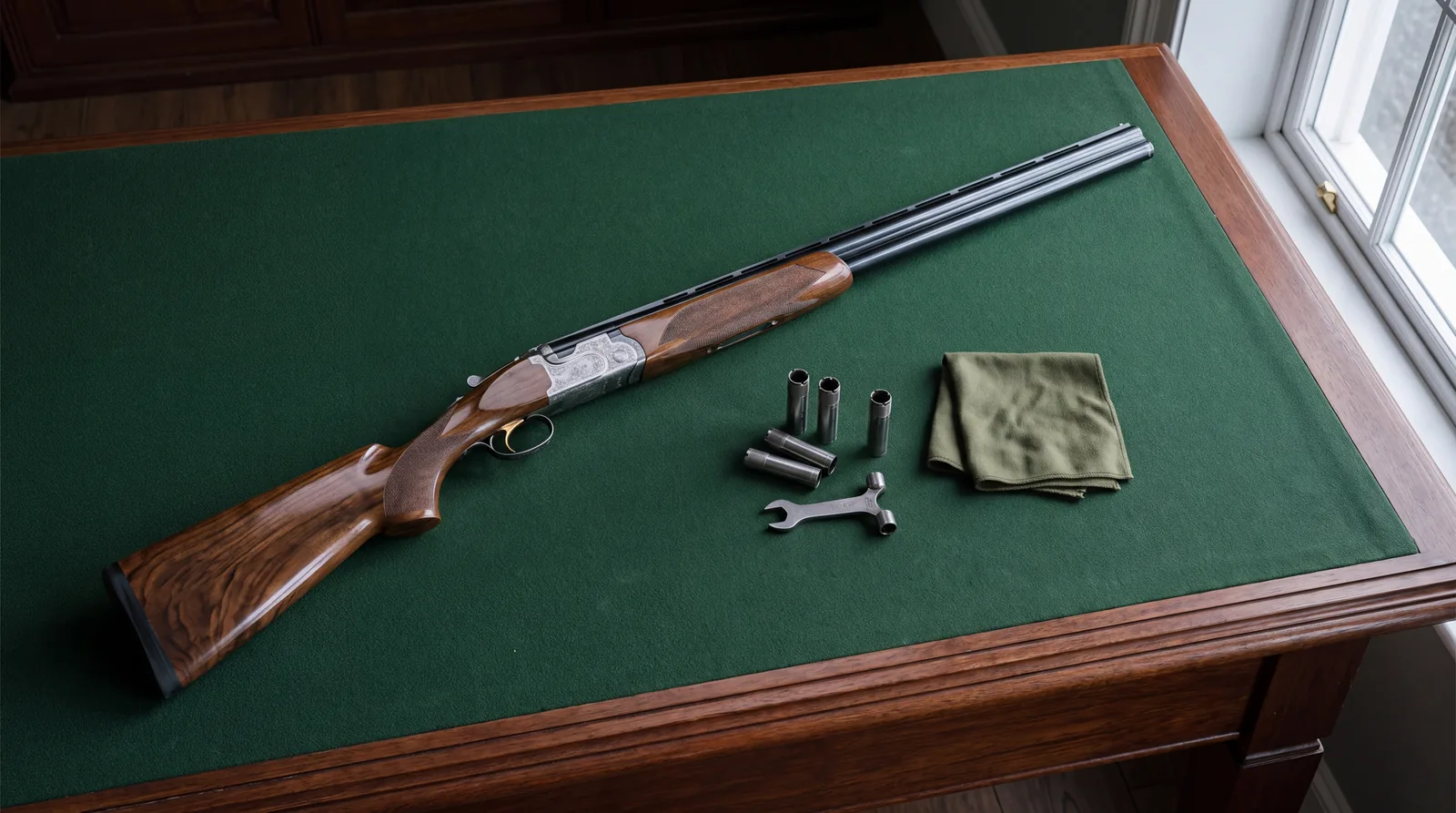 Beretta 687 Silver Pigeon III over and under shotgun on dark green baize on a mahogany gun room table with choke tubes, a choke wrench and a cloth