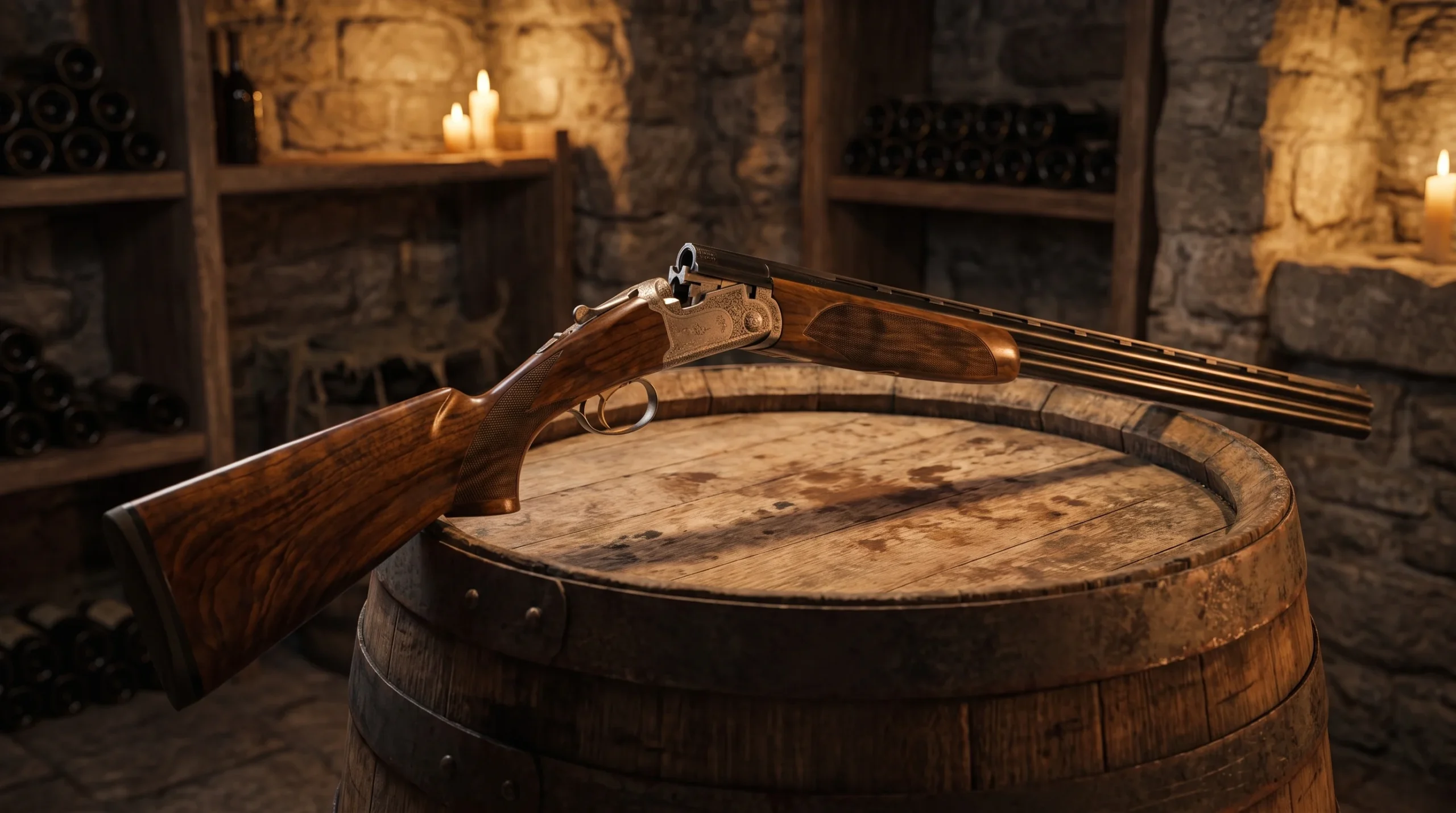 Beretta 687 on the top of an oak wine barrel in a stone wine cellar lit by warm candlelight
