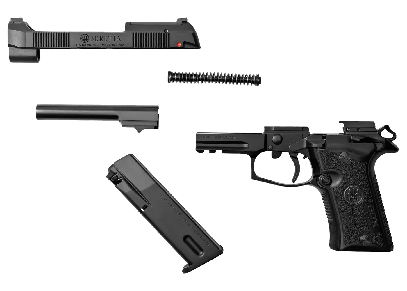 Beretta 80X Cheetah field stripped into slide, recoil spring, barrel, frame and magazine