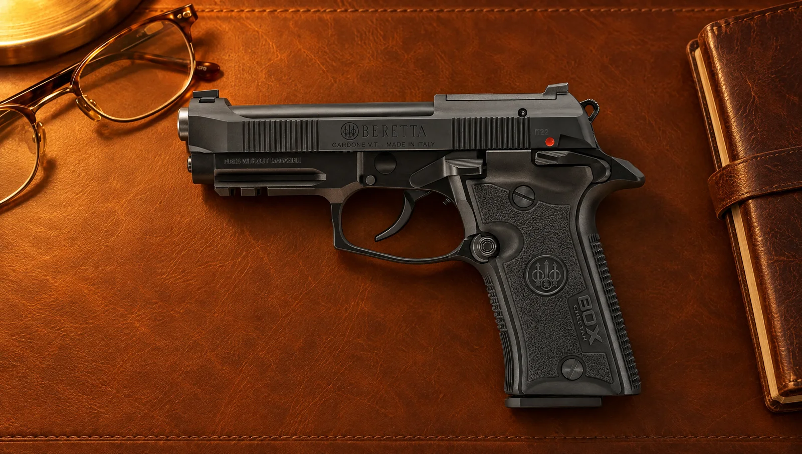 Beretta 80X Cheetah .380 pistol on a brown leather desk blotter beside reading glasses and a leather notebook