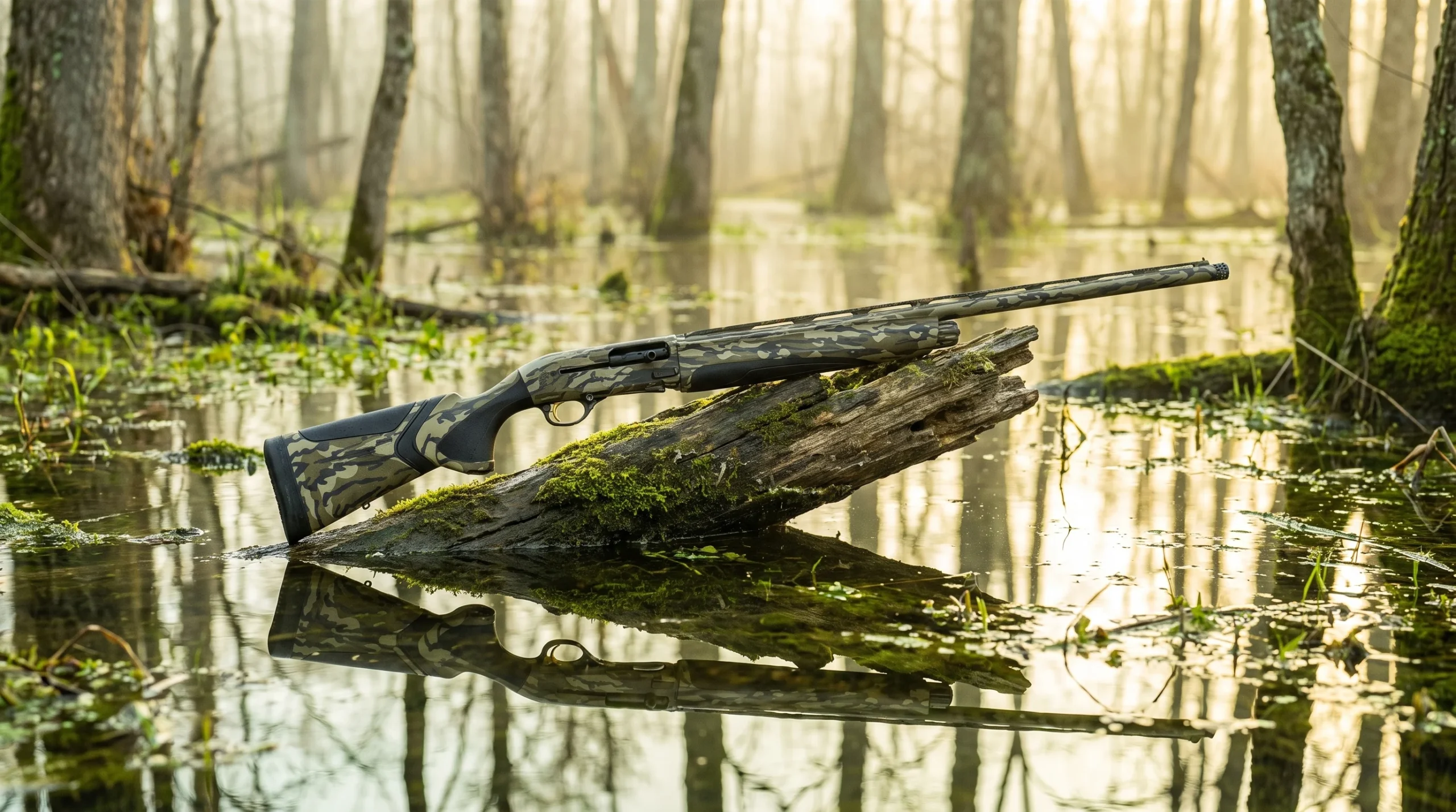 Beretta A400 Xtreme Plus on a mossy log in a flooded green timber swamp at misty sunrise