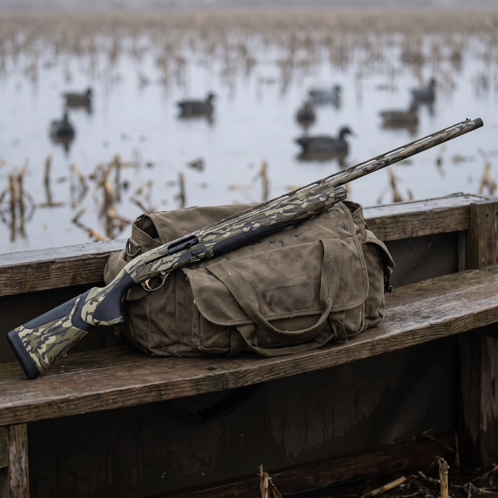 Beretta A400 Xtreme Plus semi-automatic shotgun in Mossy Oak Bottomland camo lying across a canvas blind bag on the bench of a layout blind at dawn with decoys on flooded corn stubble behind