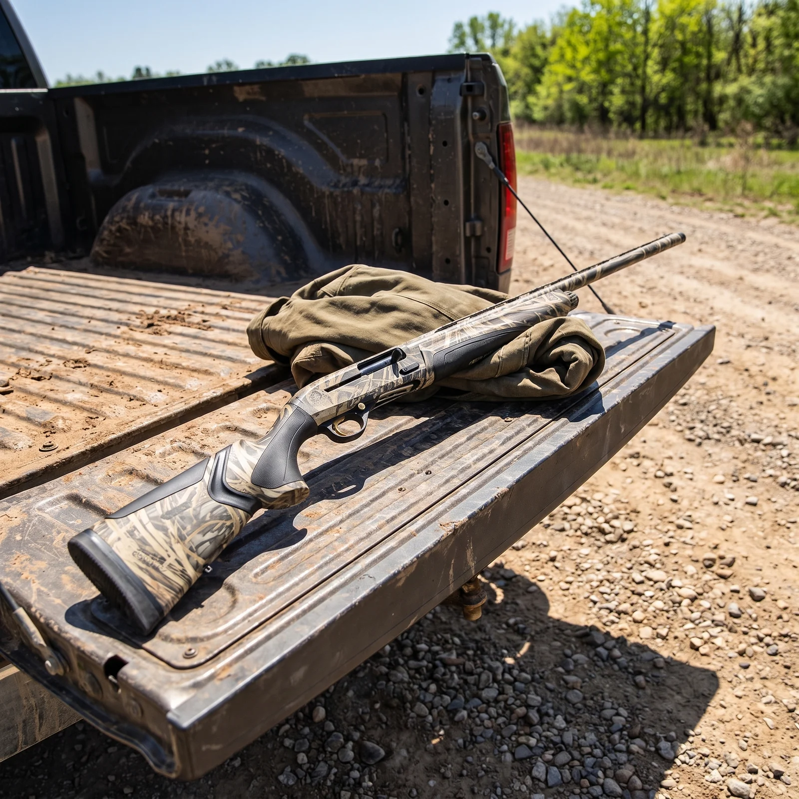 Beretta A400 Xtreme Plus in Mossy Oak Shadow Grass camo resting diagonally on the open tailgate of a muddy pickup truck in bright midday sunlight beside a rolled canvas jacket