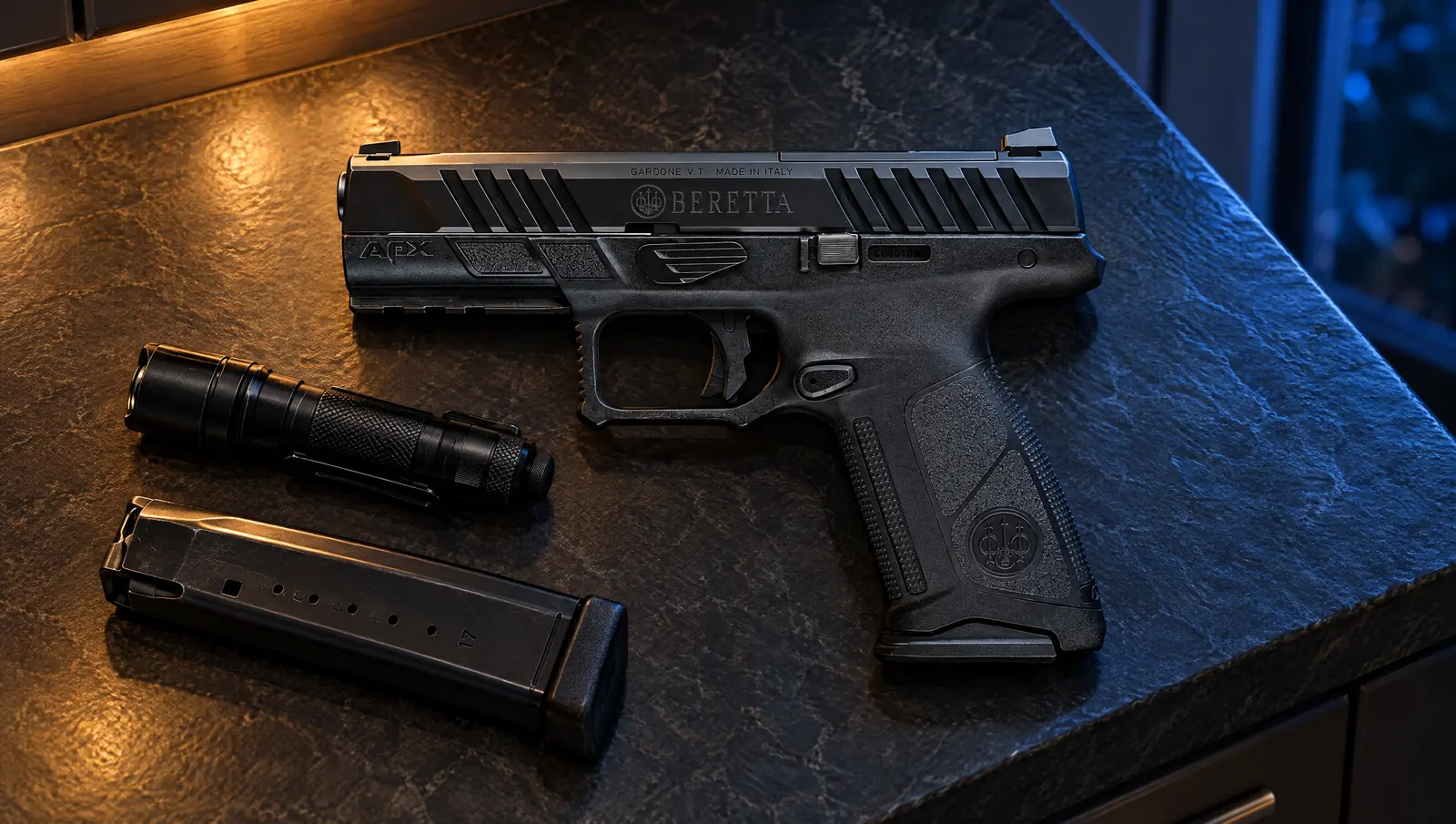 Beretta APX A1 Full Size 9mm pistol marked Gardone V.T. Made in Italy lying on a dark slate kitchen counter at night beside a flashlight and a spare 17-round magazine