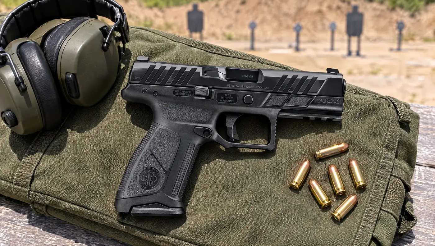 Right side of a Beretta APX A1 Full Size showing the Fires Without Magazine frame marking, lying on a green range bag beside ear muffs and 9mm cartridges