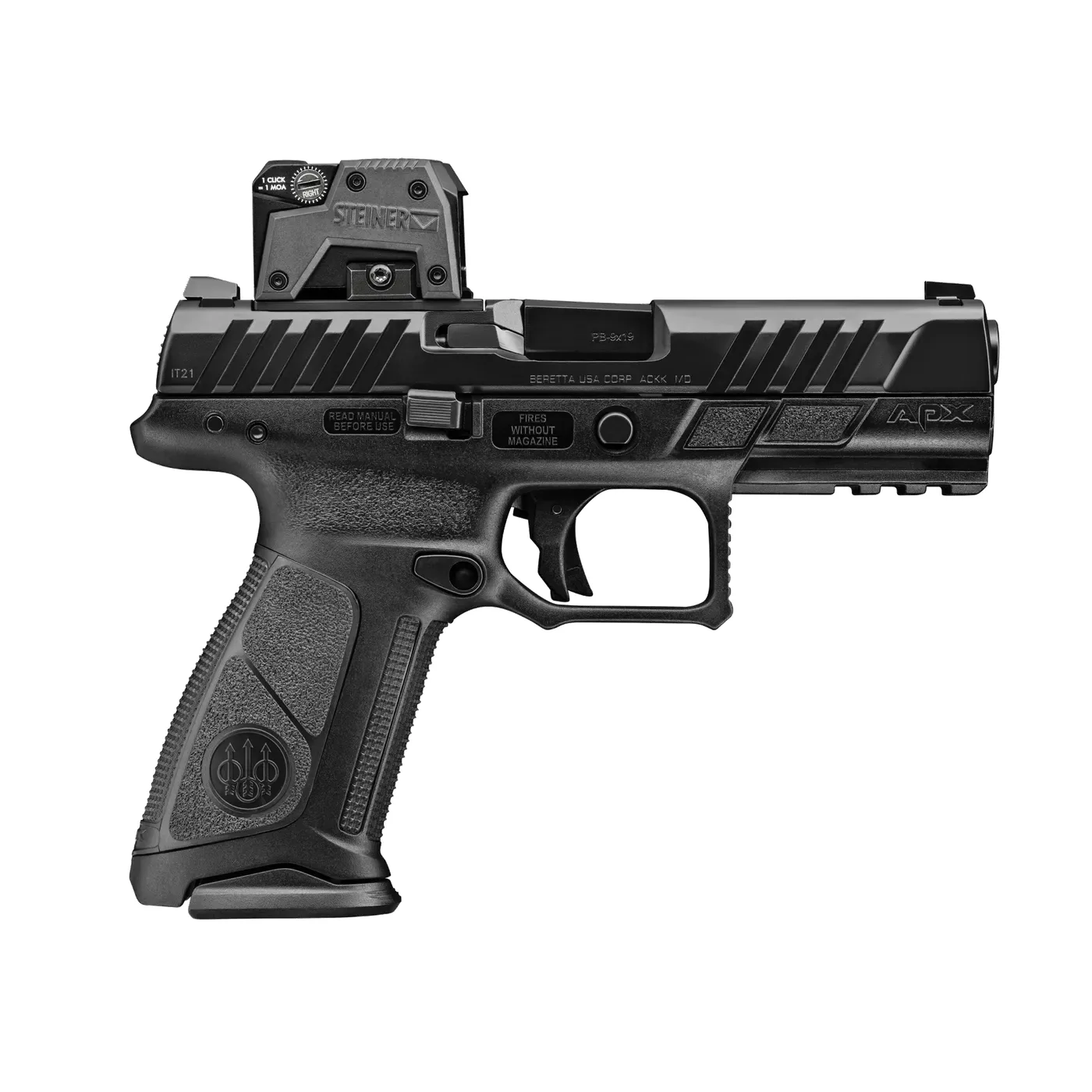 Right side of the Beretta APX A1 Full Size showing the Beretta USA Corp slide marking and the Read Manual Before Use and Fires Without Magazine frame stamps, Beretta photo