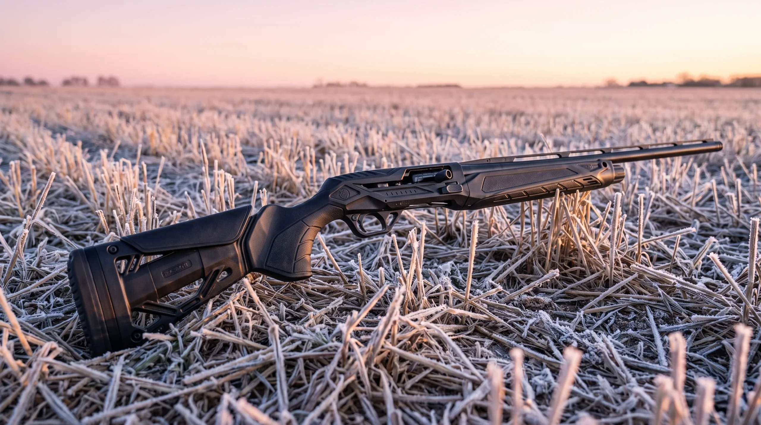 Beretta AX800 on a frosty winter wheat stubble field at sunrise with a pink and pale gold sky