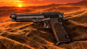 Beretta M1951 service pistol on a canvas tarp on an Egyptian desert dune at sunset