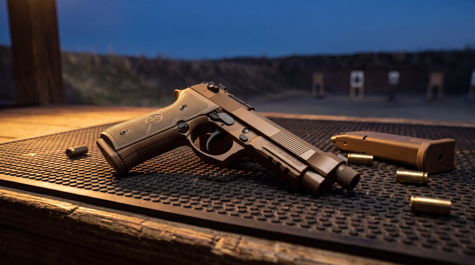 Beretta M9A4 pistol in flat dark earth on a black range mat at dusk with a loaded magazine and spent brass