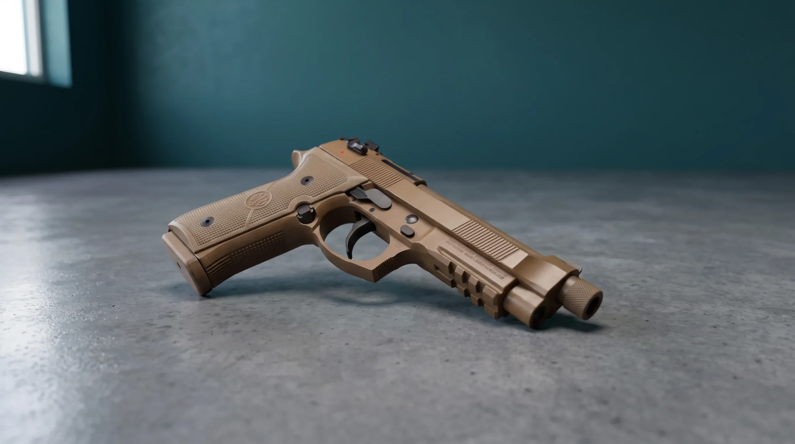 Beretta M9A4 on a polished gray concrete loft floor in front of a deep teal painted wall