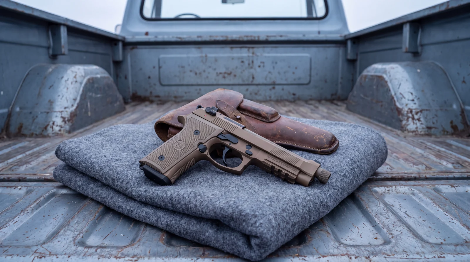 Beretta M9A4 pistol on a folded grey wool blanket in a pickup truck bed beside a worn leather holster
