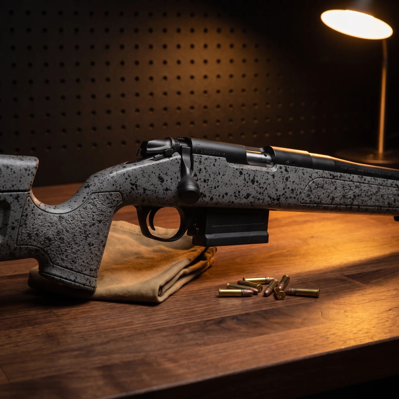 Close up of the Bergara B-14R bolt, trigger and ten round magazine on a walnut workbench