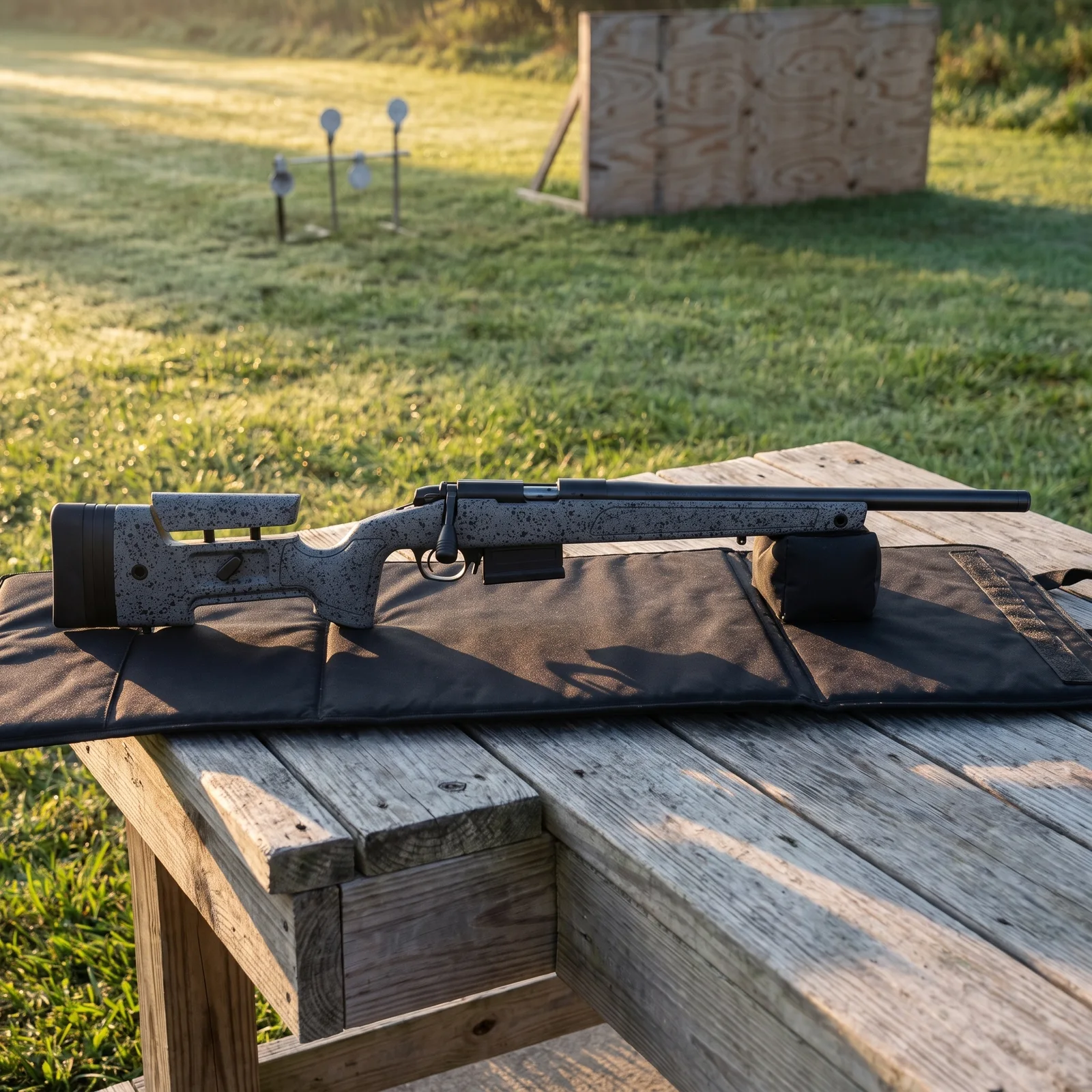 Bergara B-14R Steel rimfire rifle on a shooting mat at an outdoor range at sunrise