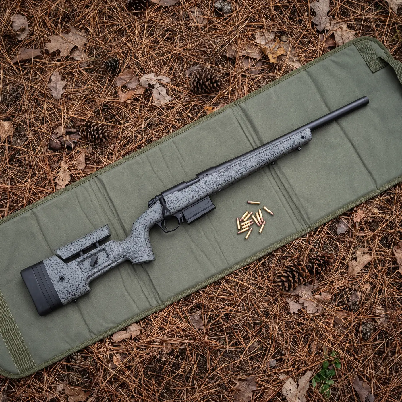 Bergara B-14R .22 LR rifle lying on a green shooting pad on pine needles with rimfire cartridges