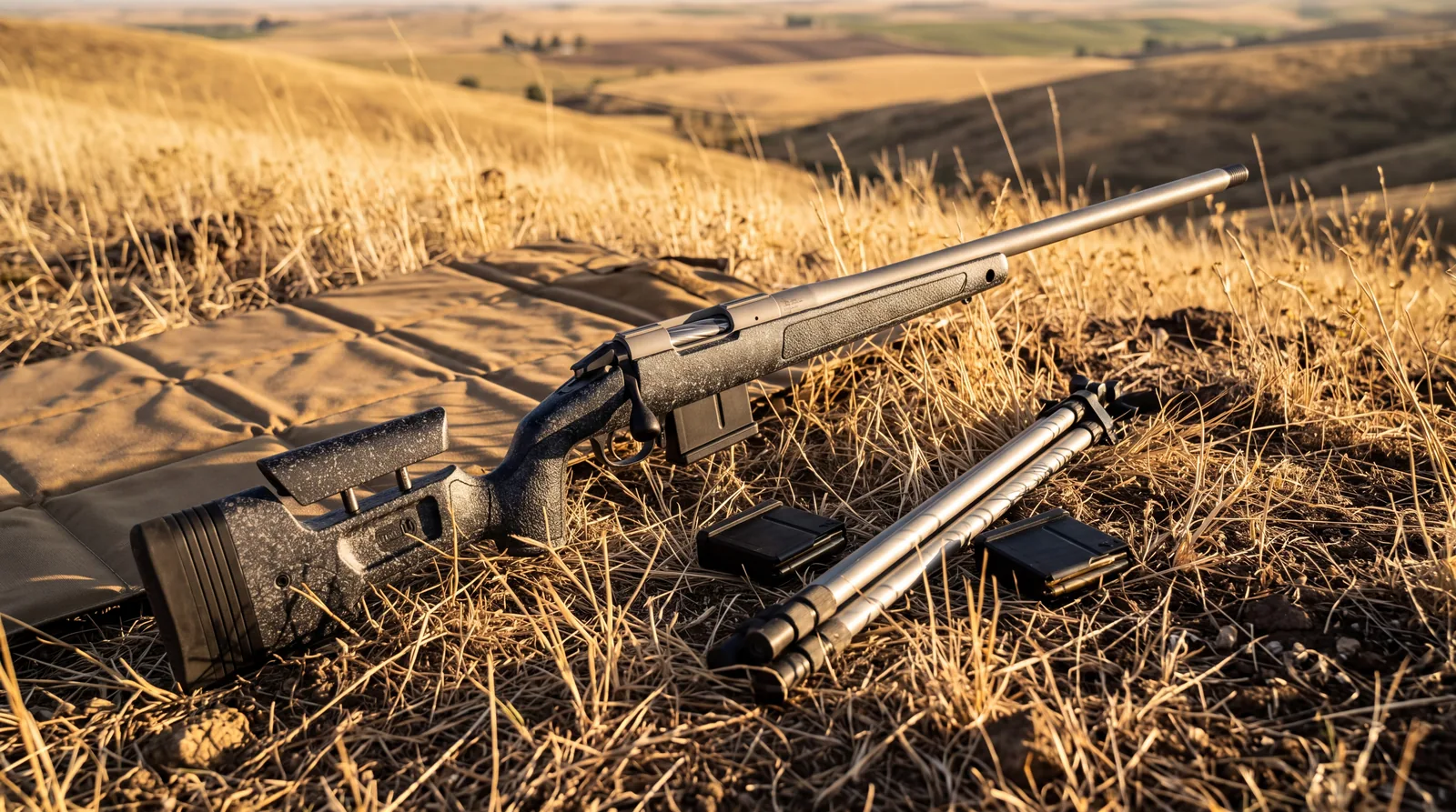 Bergara Premier HMR Pro precision rifle on a shooting mat in dry grass in late afternoon sunlight with shooting sticks and spare magazines