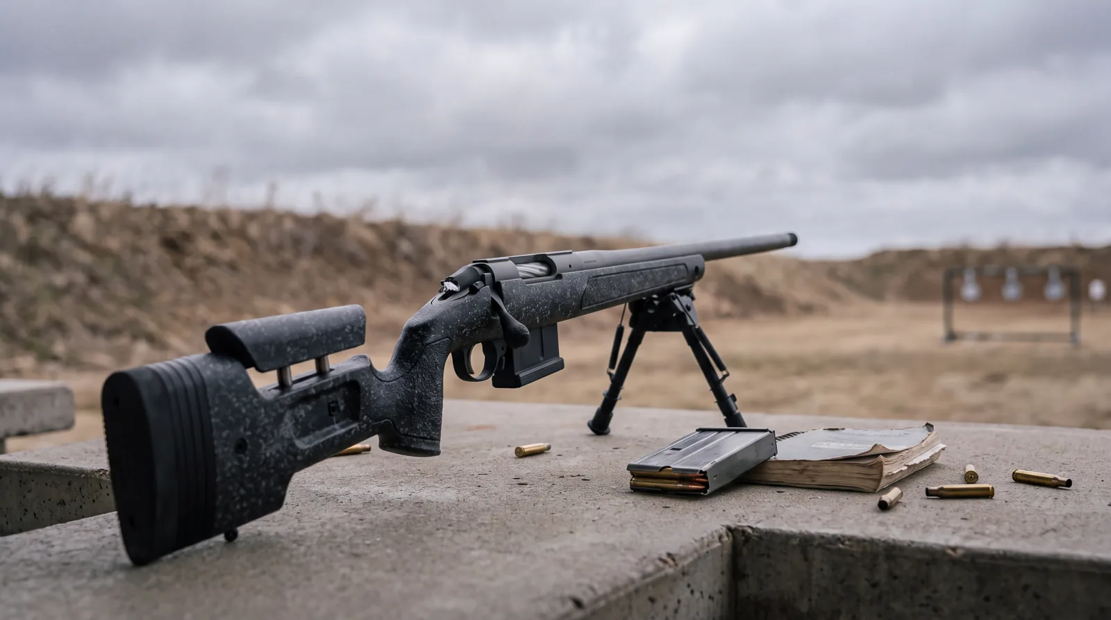 Bergara Premier HMR Pro precision rifle on a bipod on a concrete shooting bench under grey overcast light with loaded magazines and brass