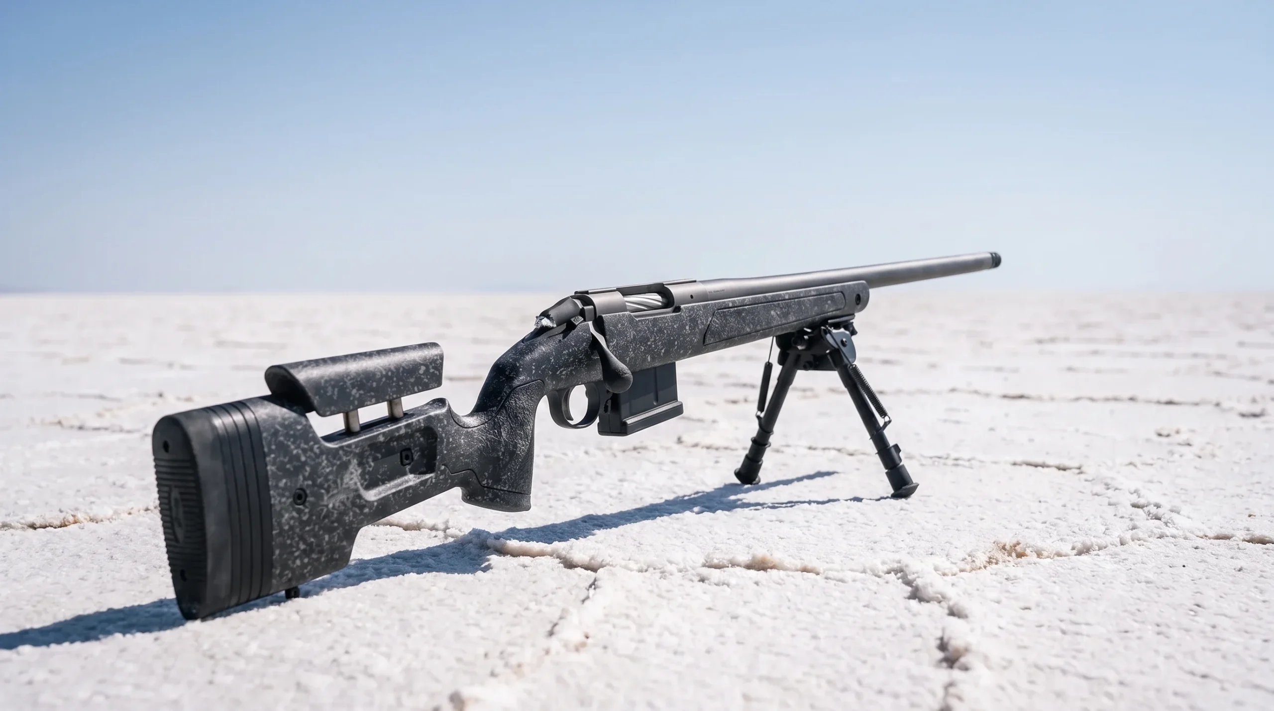 Bergara Premier HMR Pro on its bipod on a cracked white salt flat under harsh noon sun