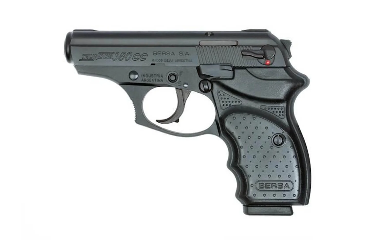 Left side of the Bersa Thunder 380 CC concealed carry pistol with a matte black finish and stippled wraparound grip