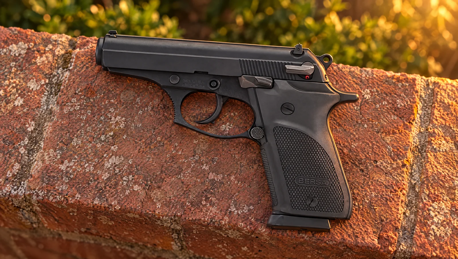 Bersa Thunder 380 Plus pistol in matte black lying on a red brick wall ledge in warm sunset light