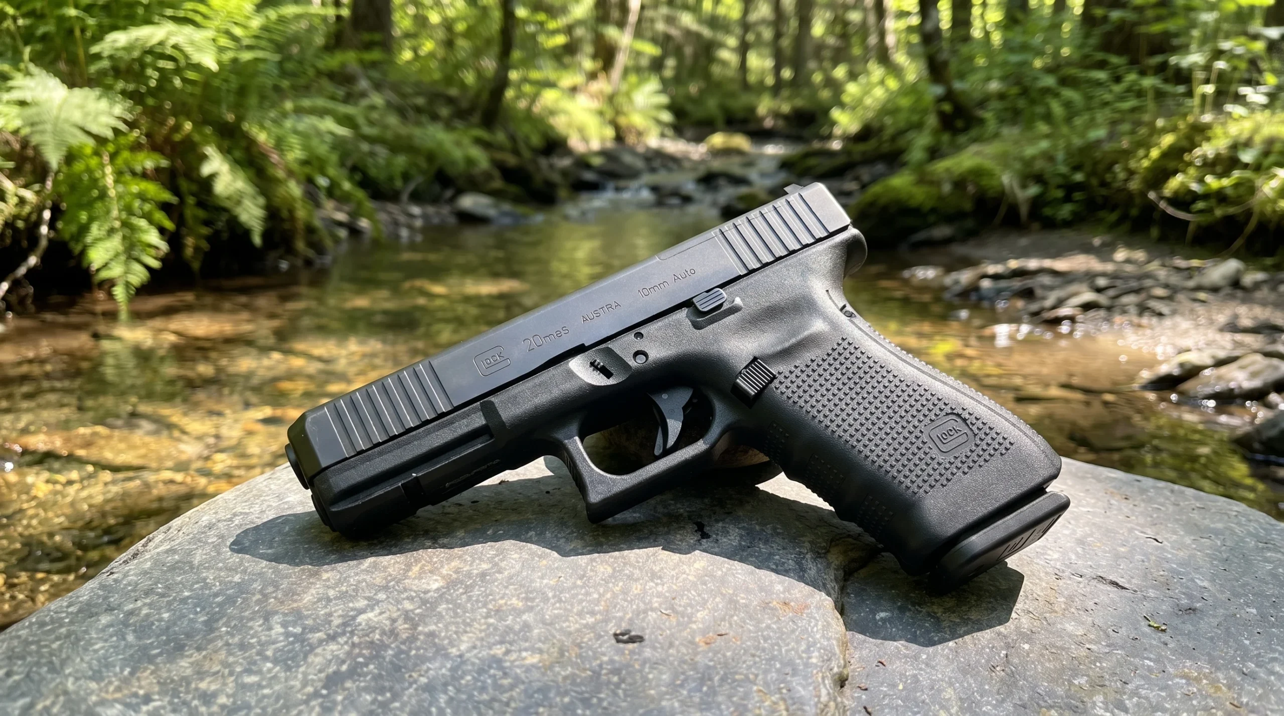 Glock 20 10mm pistol on a smooth river stone slab beside a clear shallow creek in dappled summer forest light