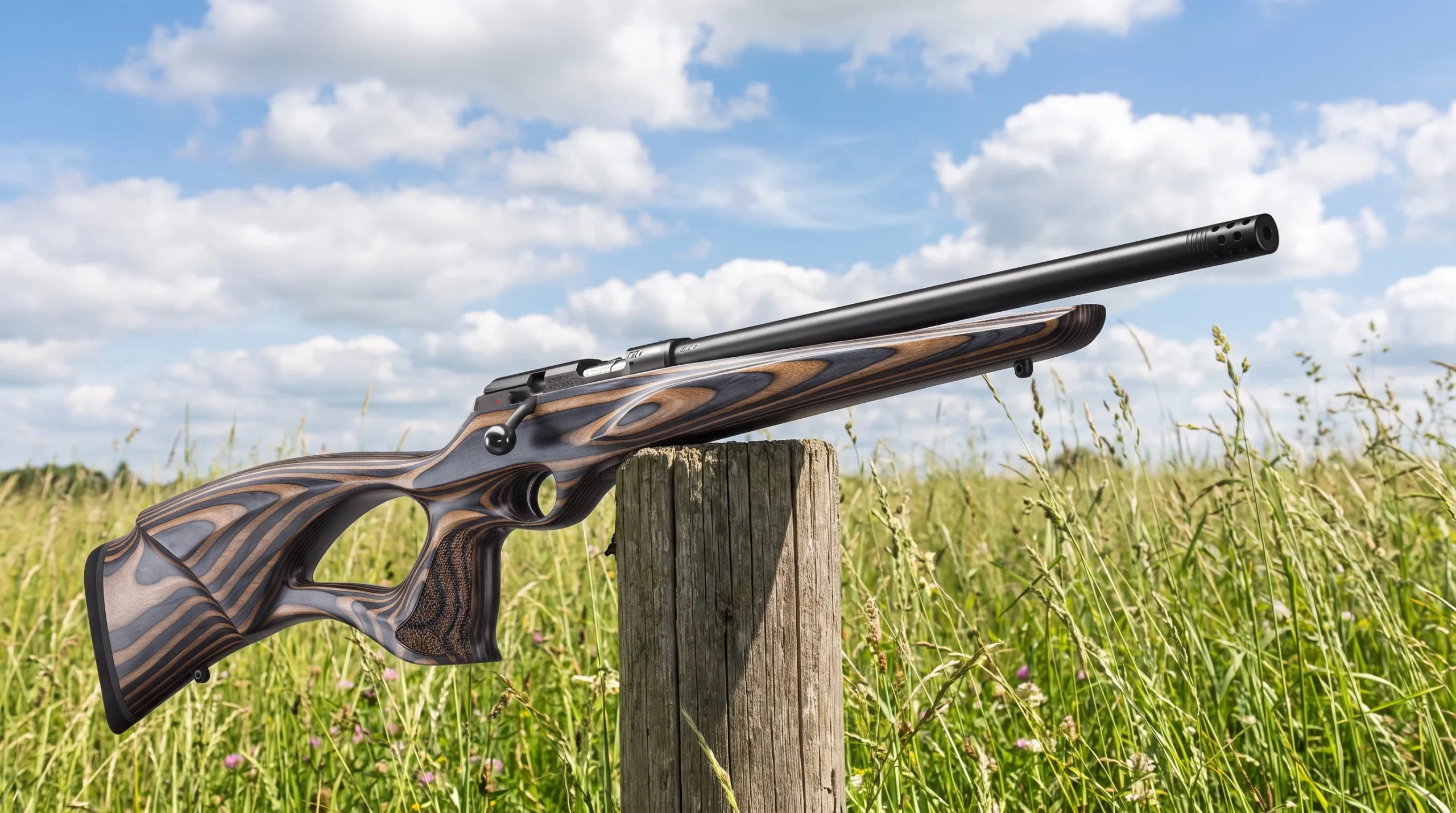 CZ 457 Thumbhole rifle resting against a fence post in a sunlit summer hayfield under a blue sky with white clouds
