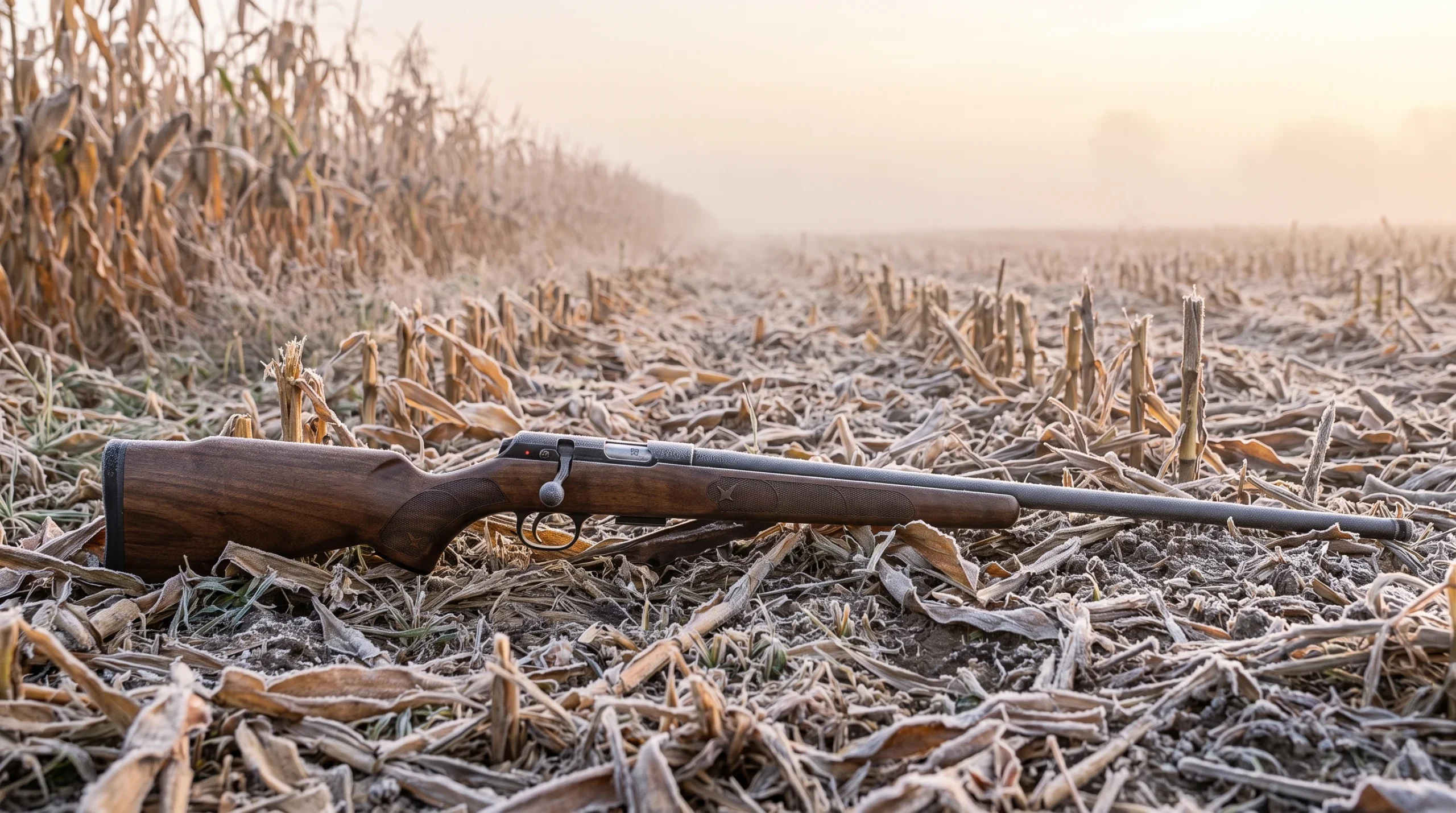 CZ 457 American rifle lying on a frosted autumn cornfield edge at dawn with pale gold light and low fog