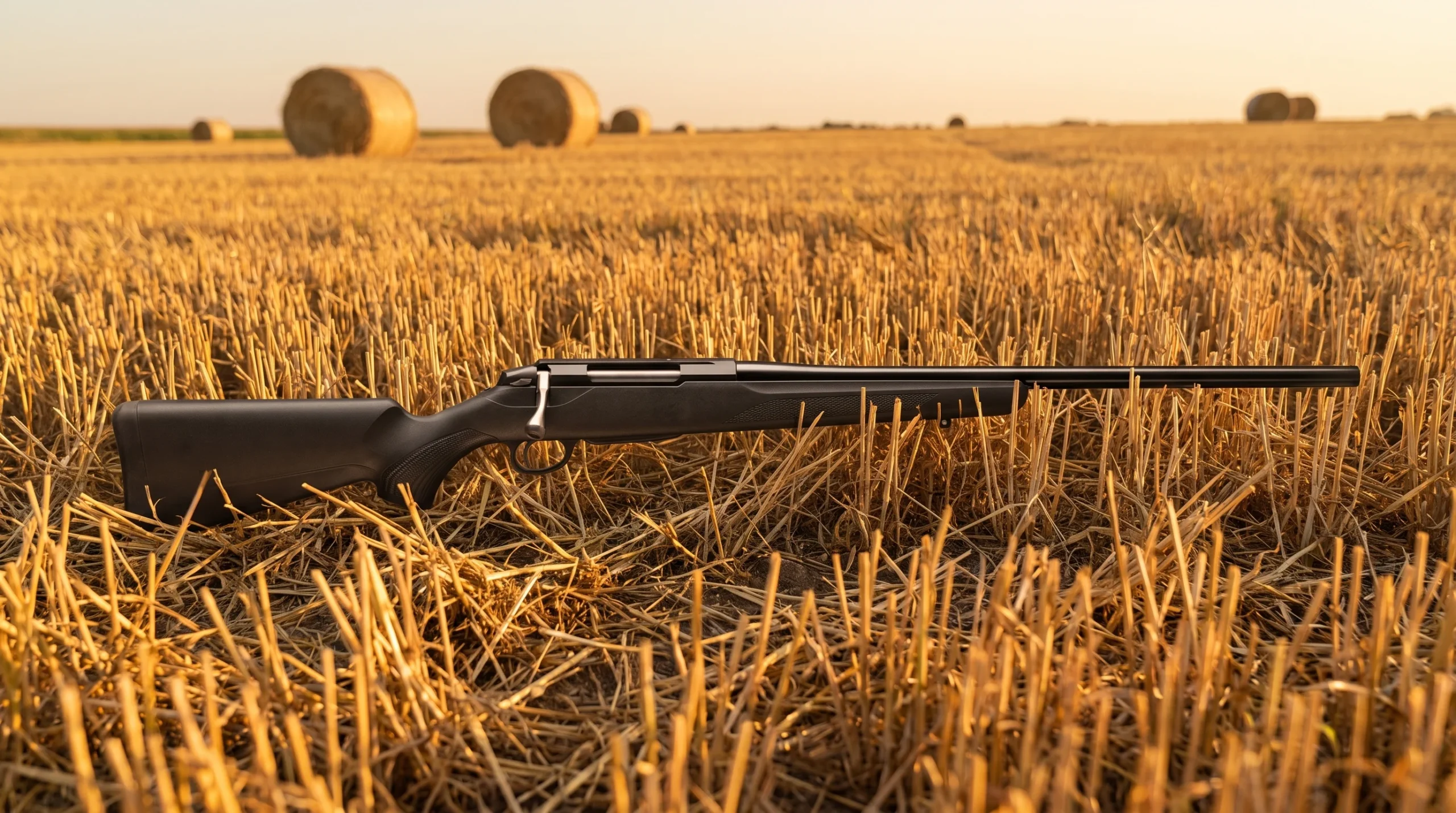 Tikka T3x Lite rifle lying on a golden wheat stubble field edge in late summer evening light with round hay bales far behind