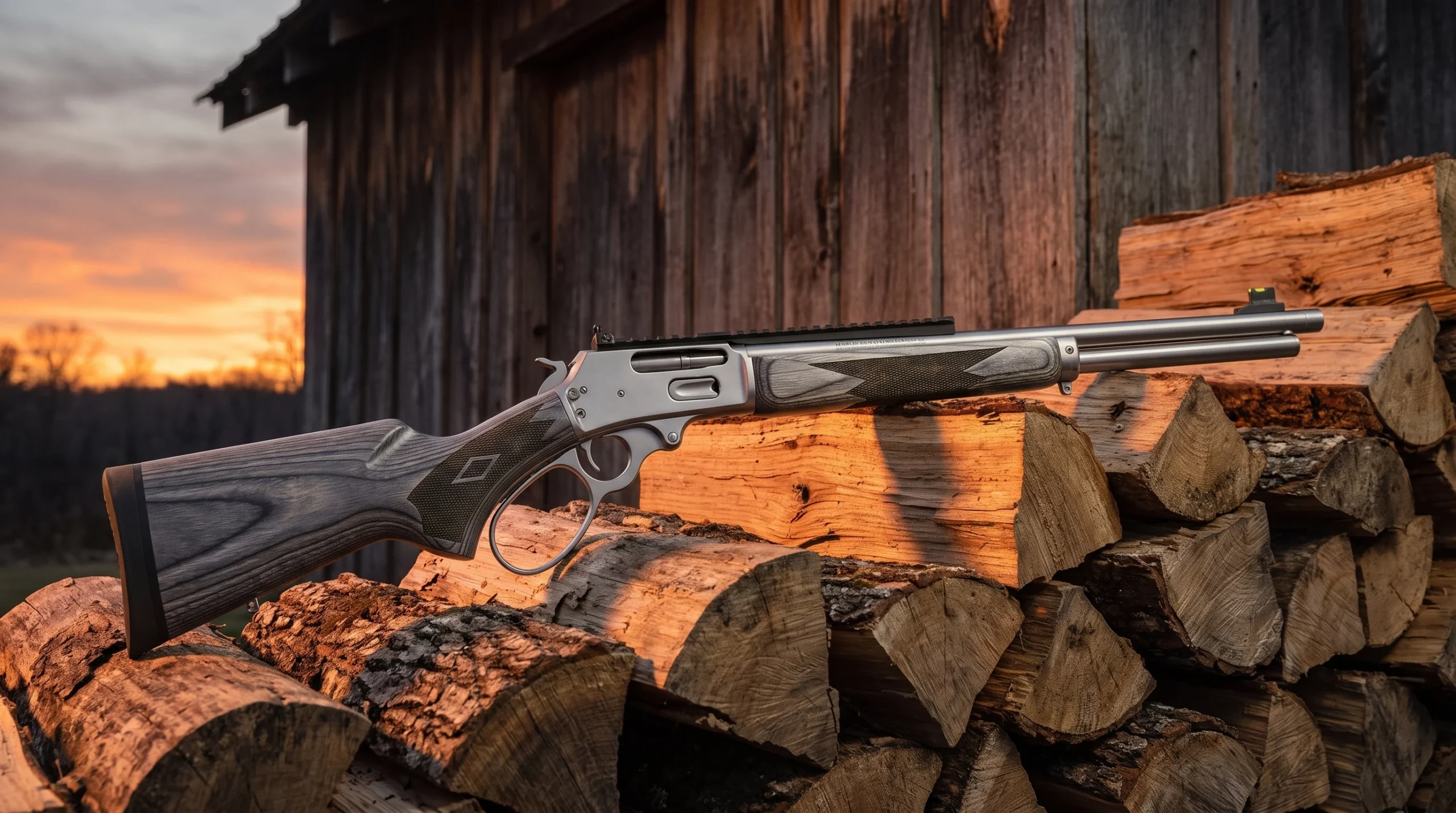 Marlin 336 SBL lever action rifle on a split log woodpile beside a cabin at sunset