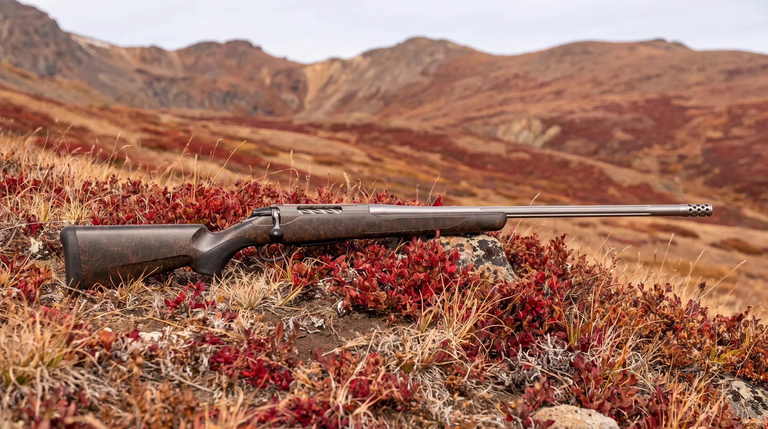 Tikka T3x Lite Stainless .300 Win Mag rifle on a windswept alpine tundra slope with low red autumn shrubs under a pale sky