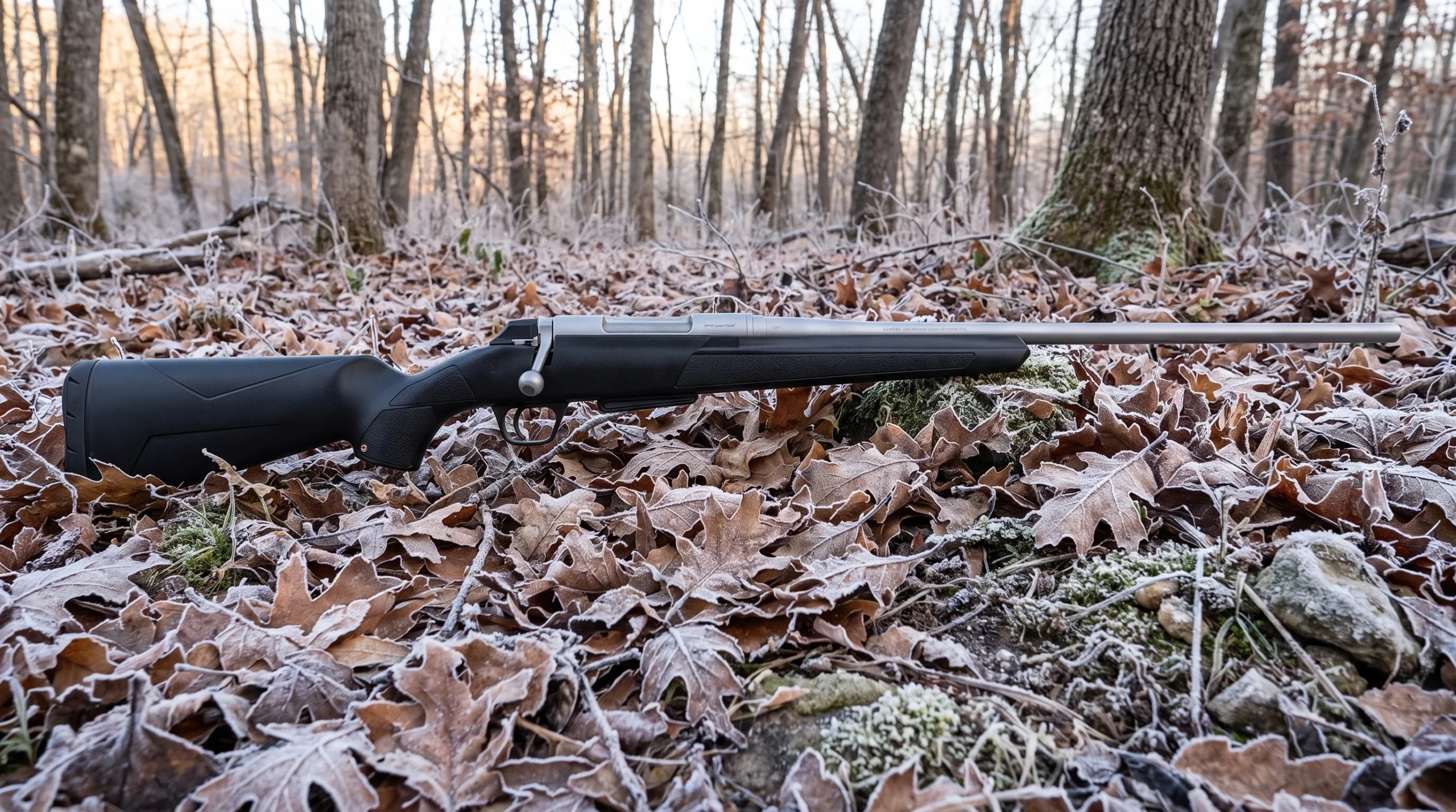 Winchester XPR .350 Legend rifle in frosty brown oak leaves on a forest floor in a hardwood river bottom at dawn
