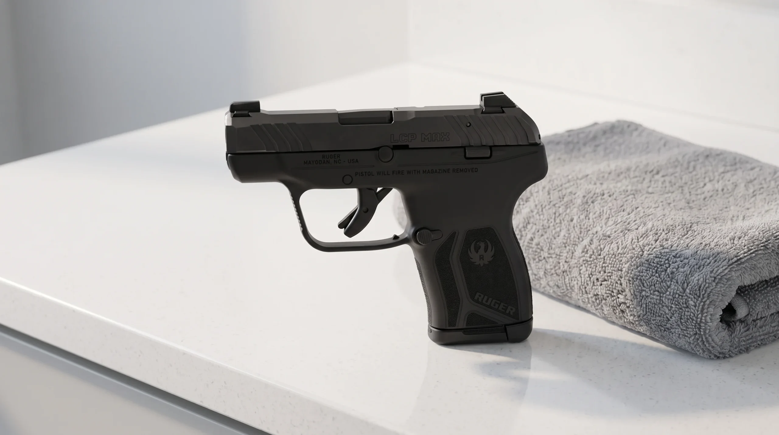 Ruger LCP Max pistol on a smooth white quartz bathroom vanity with soft diffused morning light and a folded gray towel