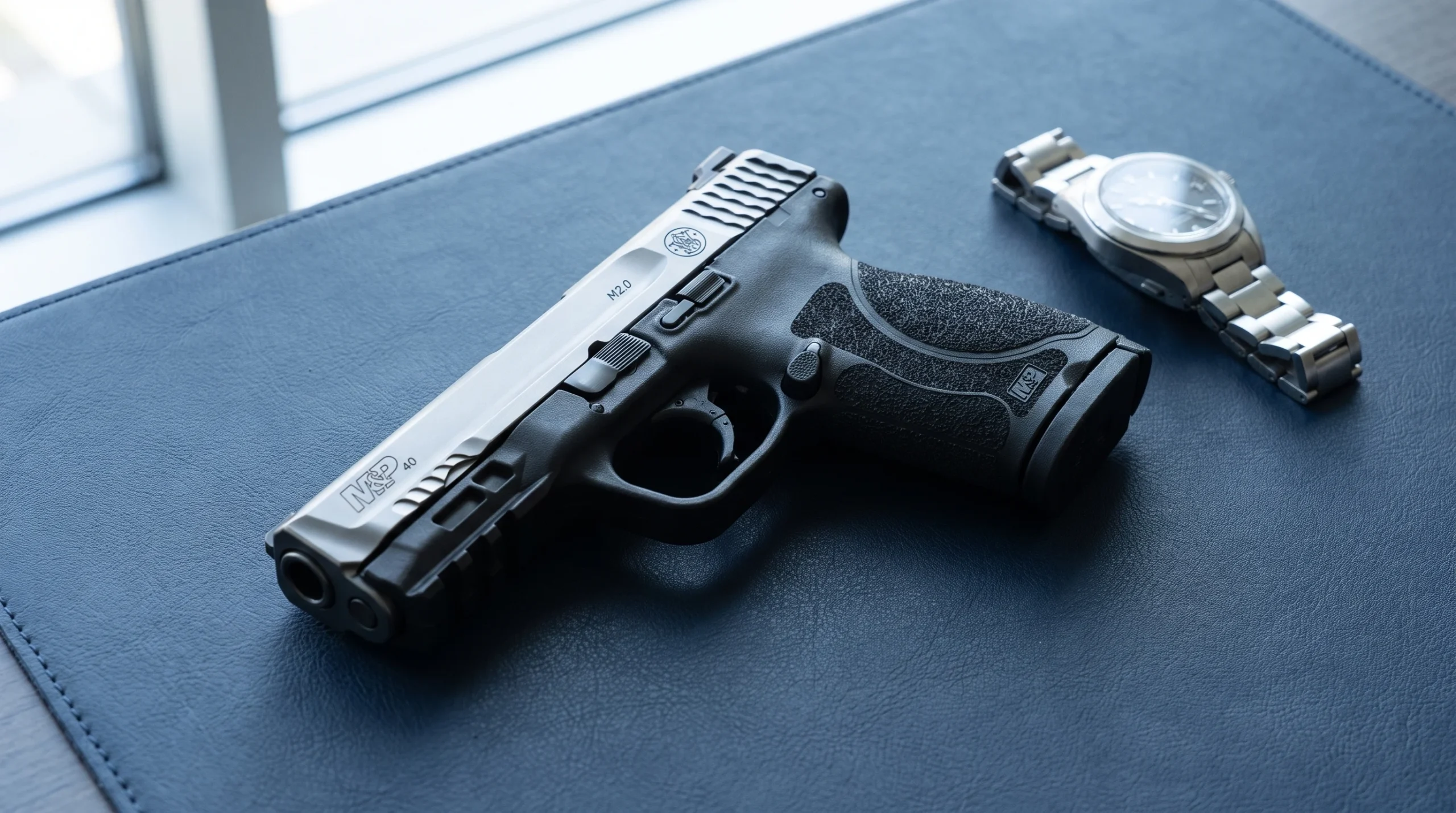 Smith & Wesson M&P40 M2.0 Compact pistol on a dark navy leather desk pad beside a steel wristwatch under cool office window light