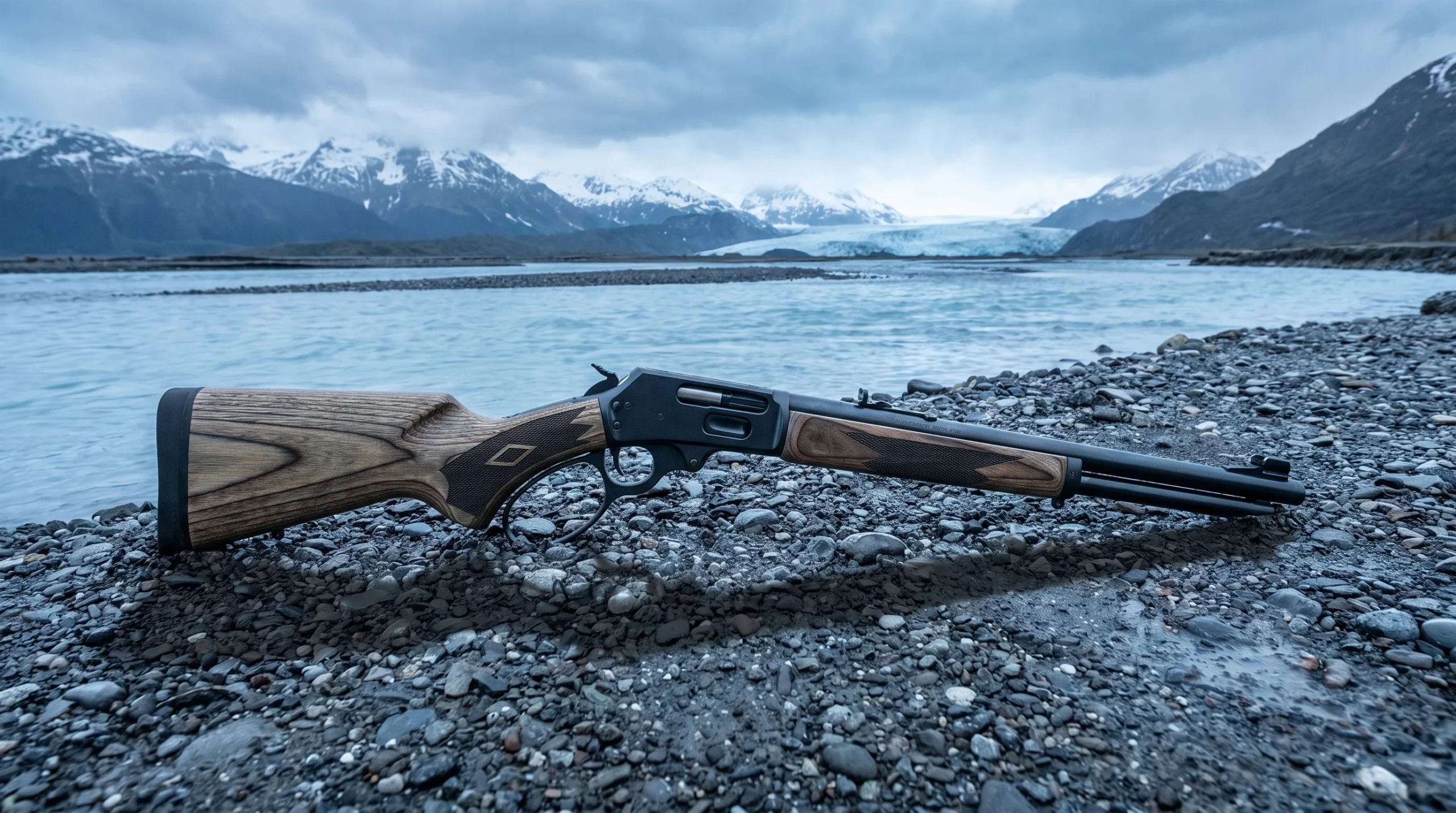 Marlin 1895 .45-70 rifle lying on a riverbank of wet dark gravel with a glacier fed river behind under cold overcast light