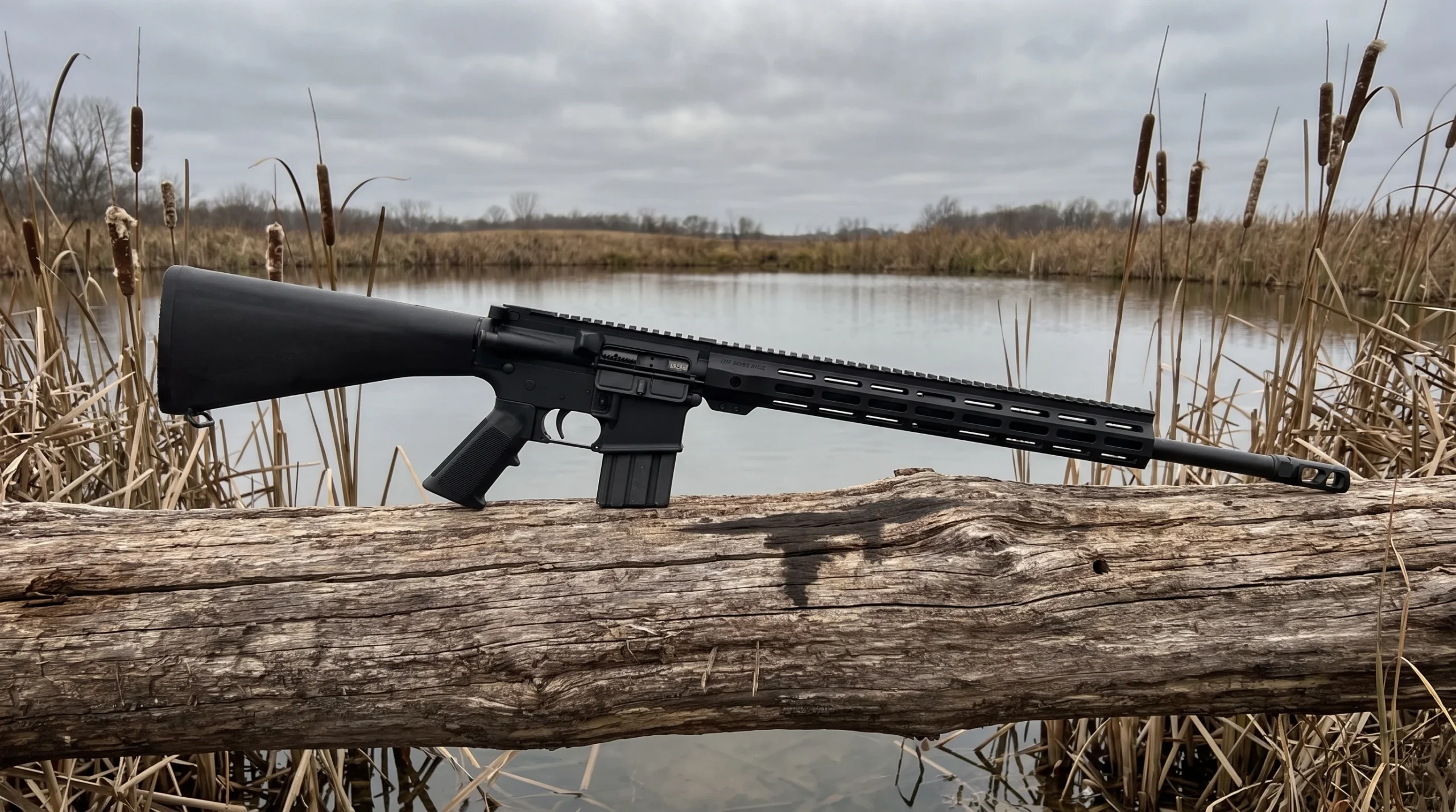 Bear Creek Arsenal .450 Bushmaster rifle lying on a dry weathered log at the edge of a farm pond with cattails under a gray November sky