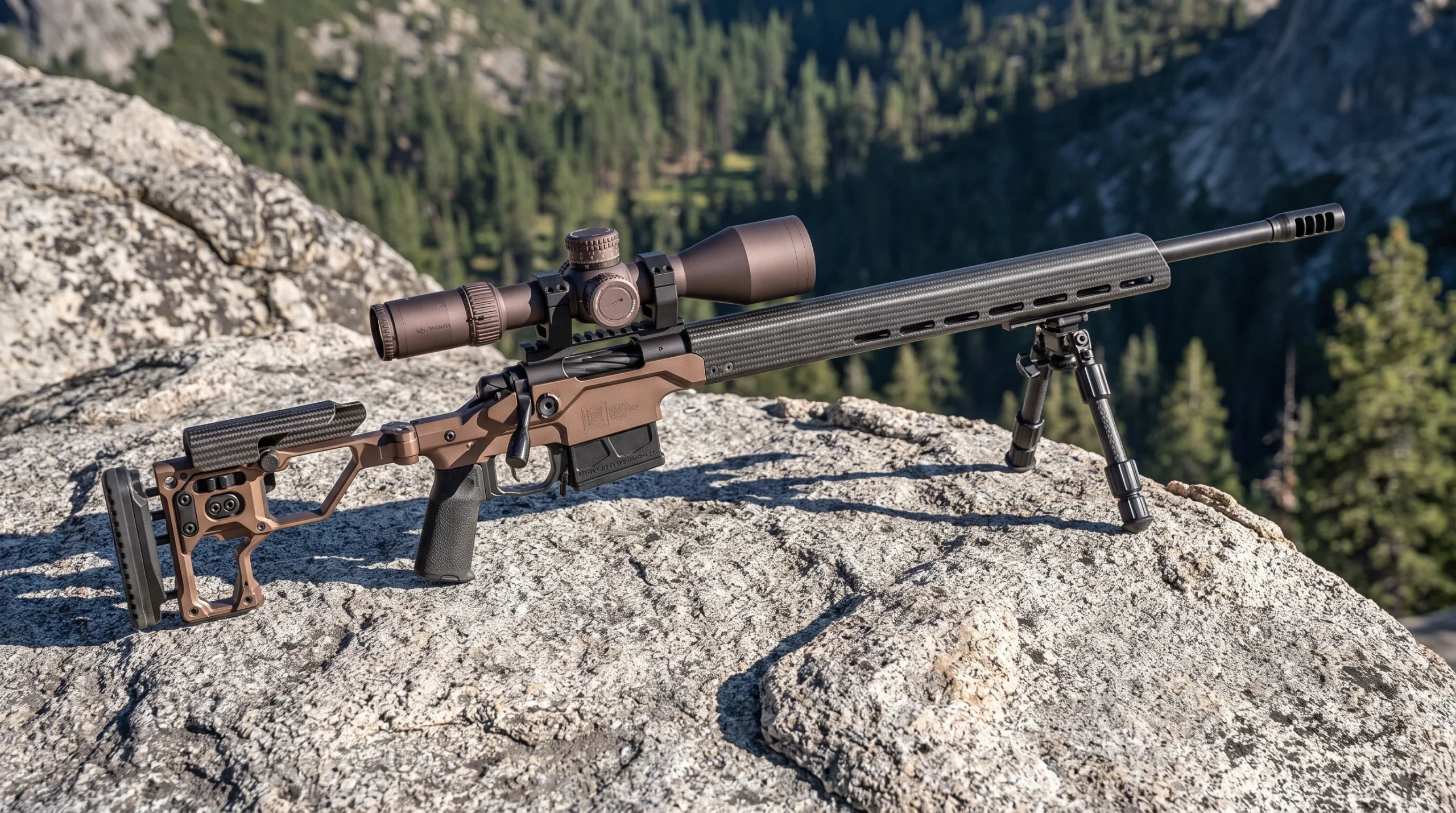 Christensen Arms MPR rifle on a granite outcrop above a timberline valley in crisp clear morning light