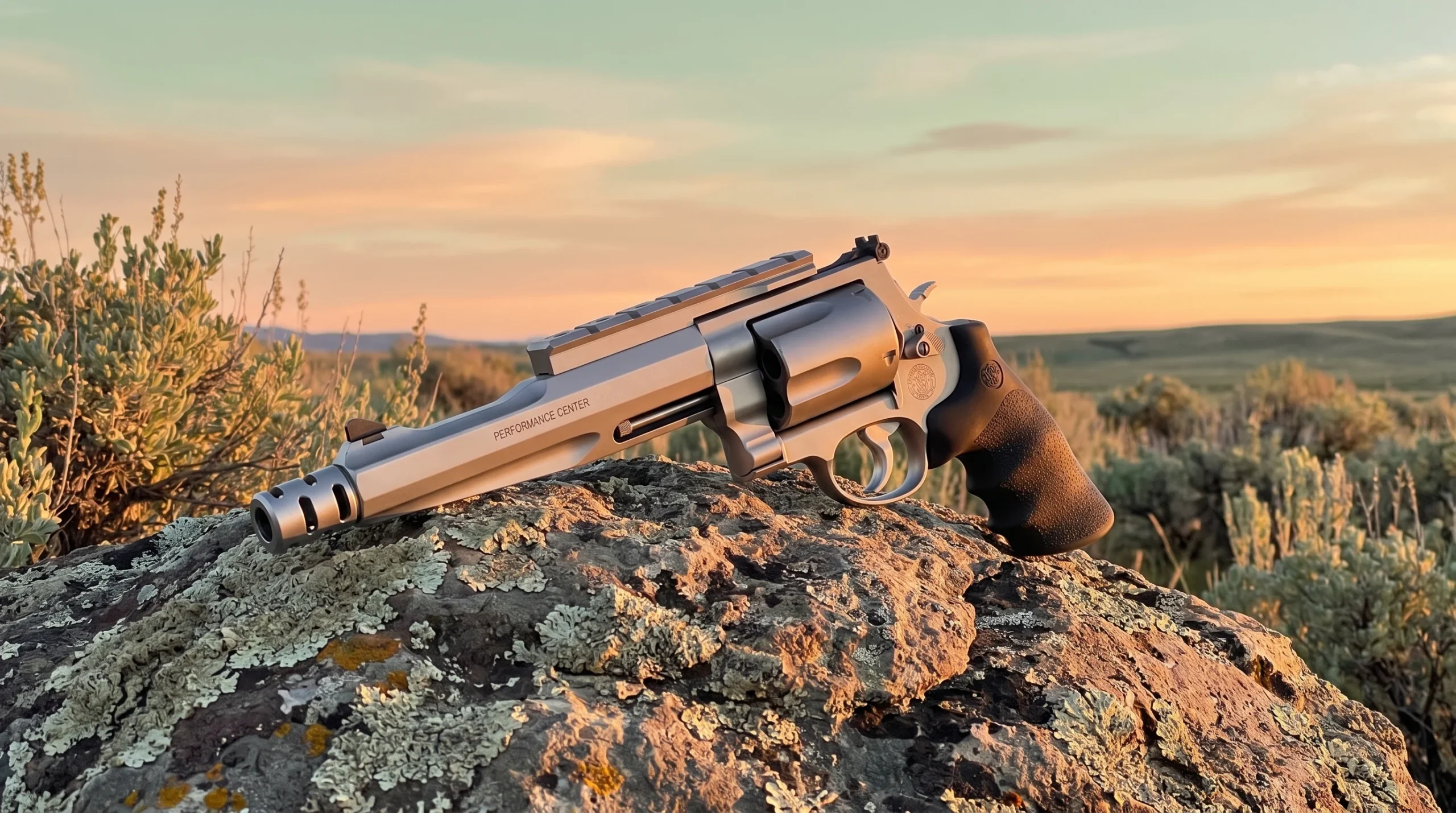 Smith & Wesson Performance Center Model 500 revolver on a sagebrush hillside rock at sunrise in open Wyoming country