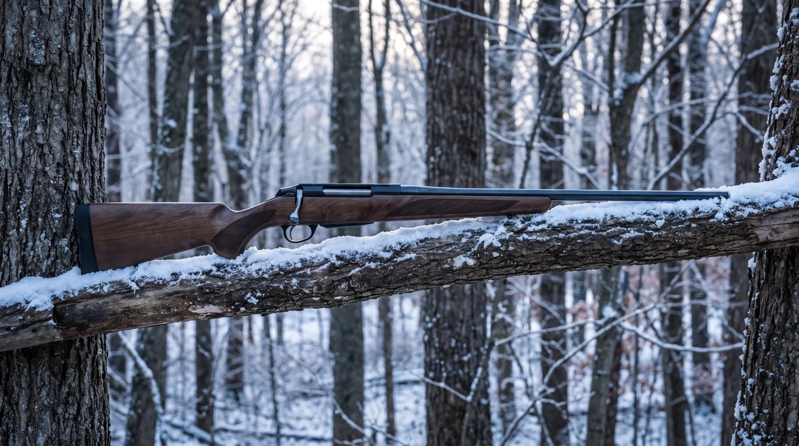 Tikka T3x Hunter rifle on a snow dusted deer stand rail in a hardwood forest at first light