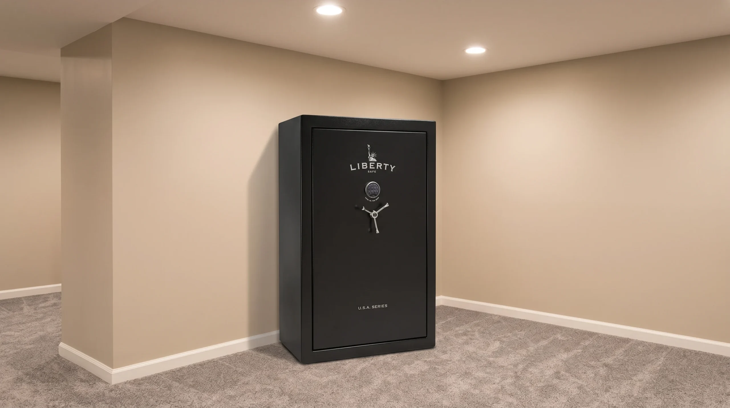 Liberty USA Series gun safe in a finished basement corner with gray carpet and warm recessed lighting
