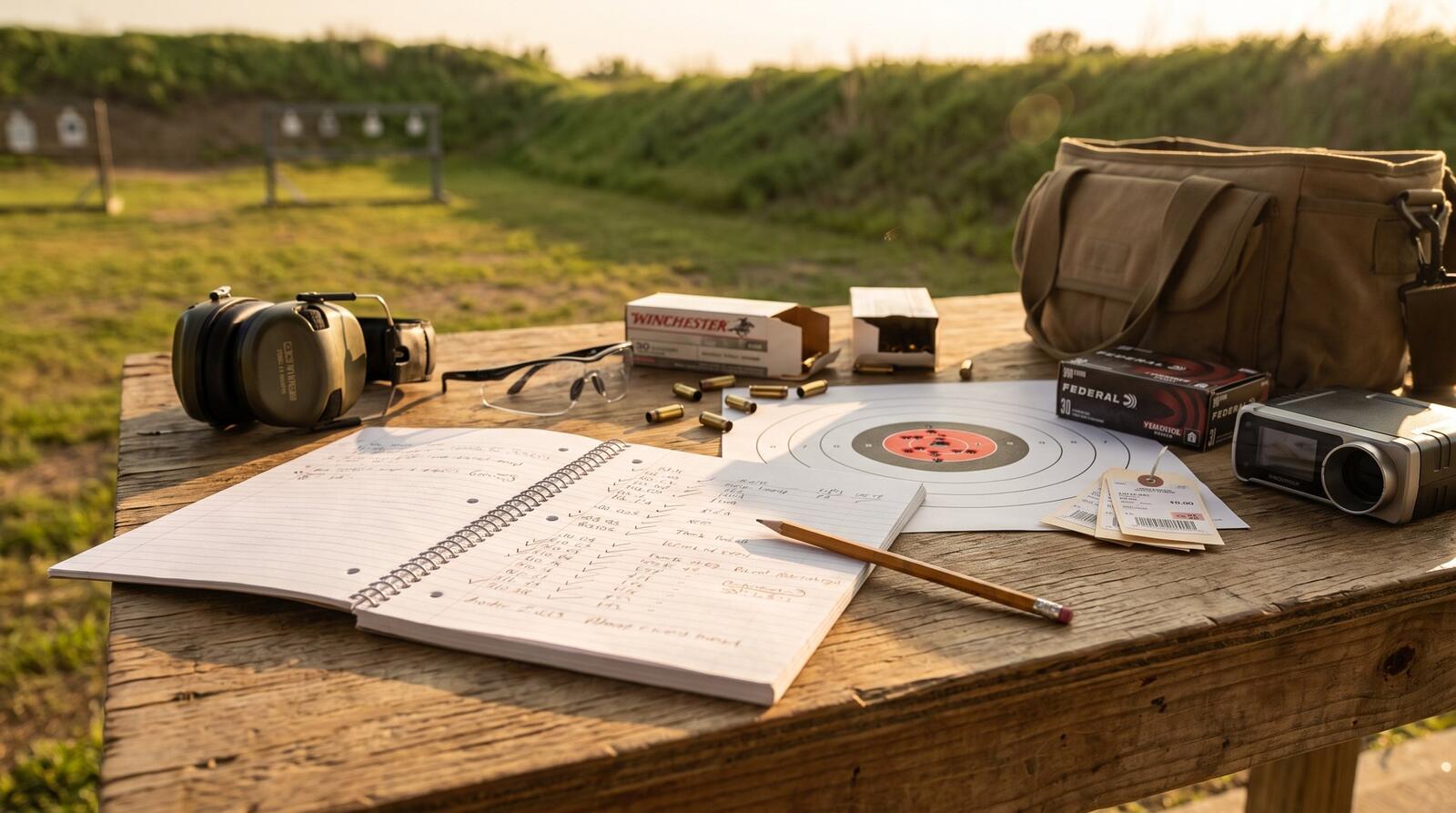 Shooting bench at an outdoor range with a notebook of ranked picks, ammo boxes, spent brass and a target