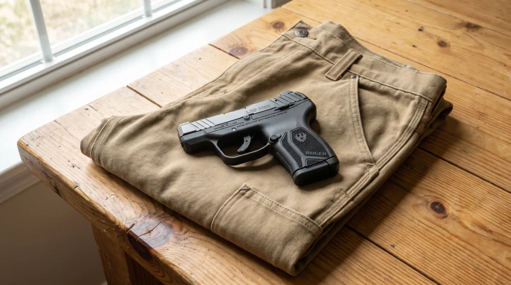 A Ruger LCP Max .380 pocket pistol on folded khaki canvas work pants on a pine table