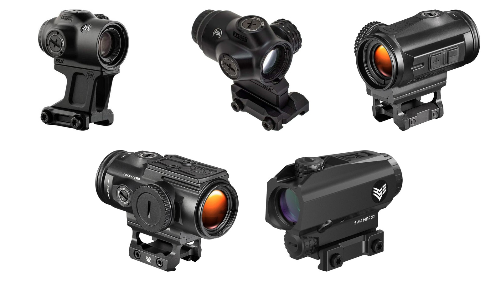 Primary Arms SLx 1x and 3x MicroPrism, Vortex Spitfire HD Gen II 3x and 5x, and Swampfox Blade 1x25 prism scopes