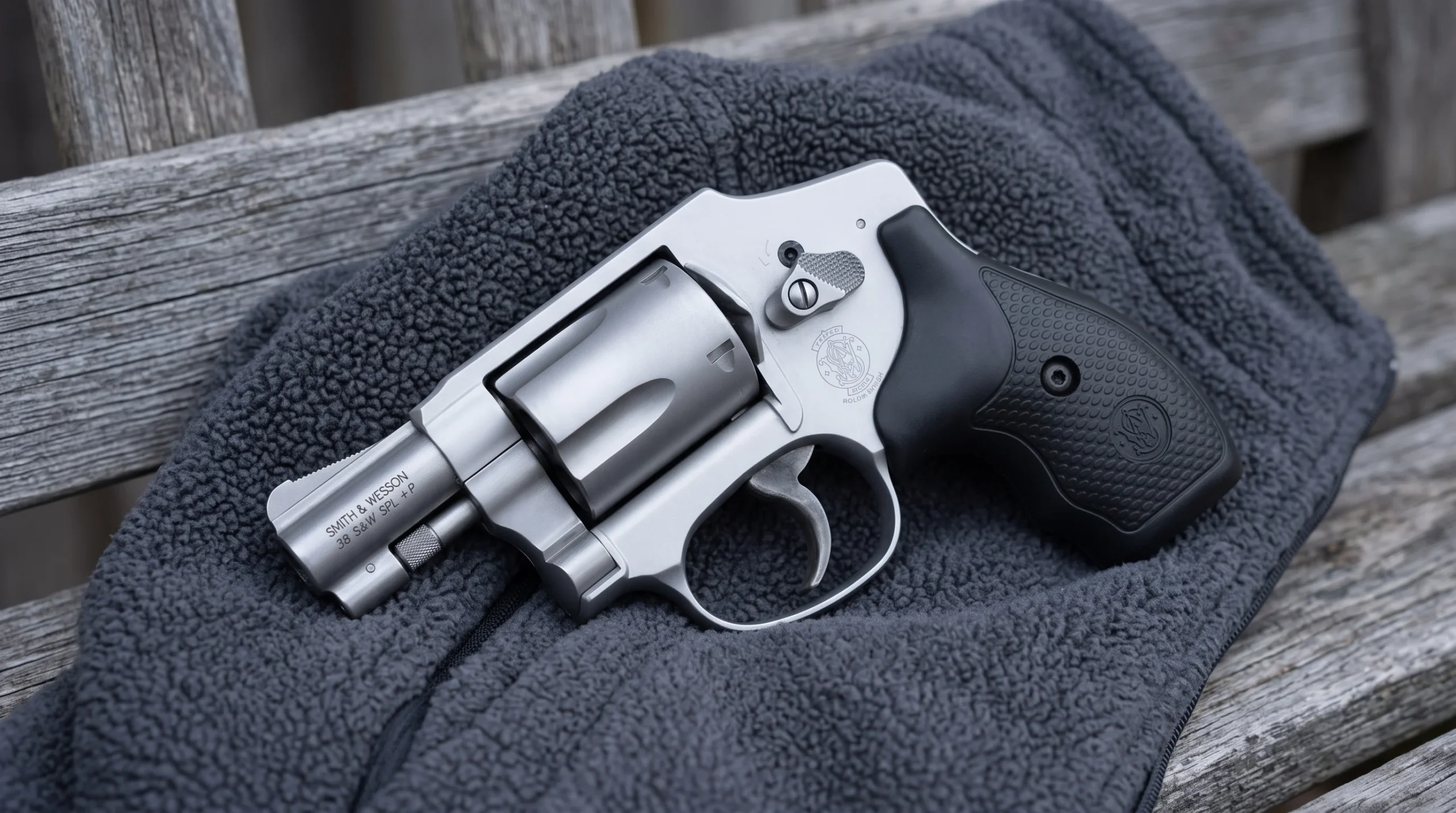 Smith & Wesson Model 642 revolver on a charcoal gray fleece jacket lying on a wooden bench in cool autumn daylight