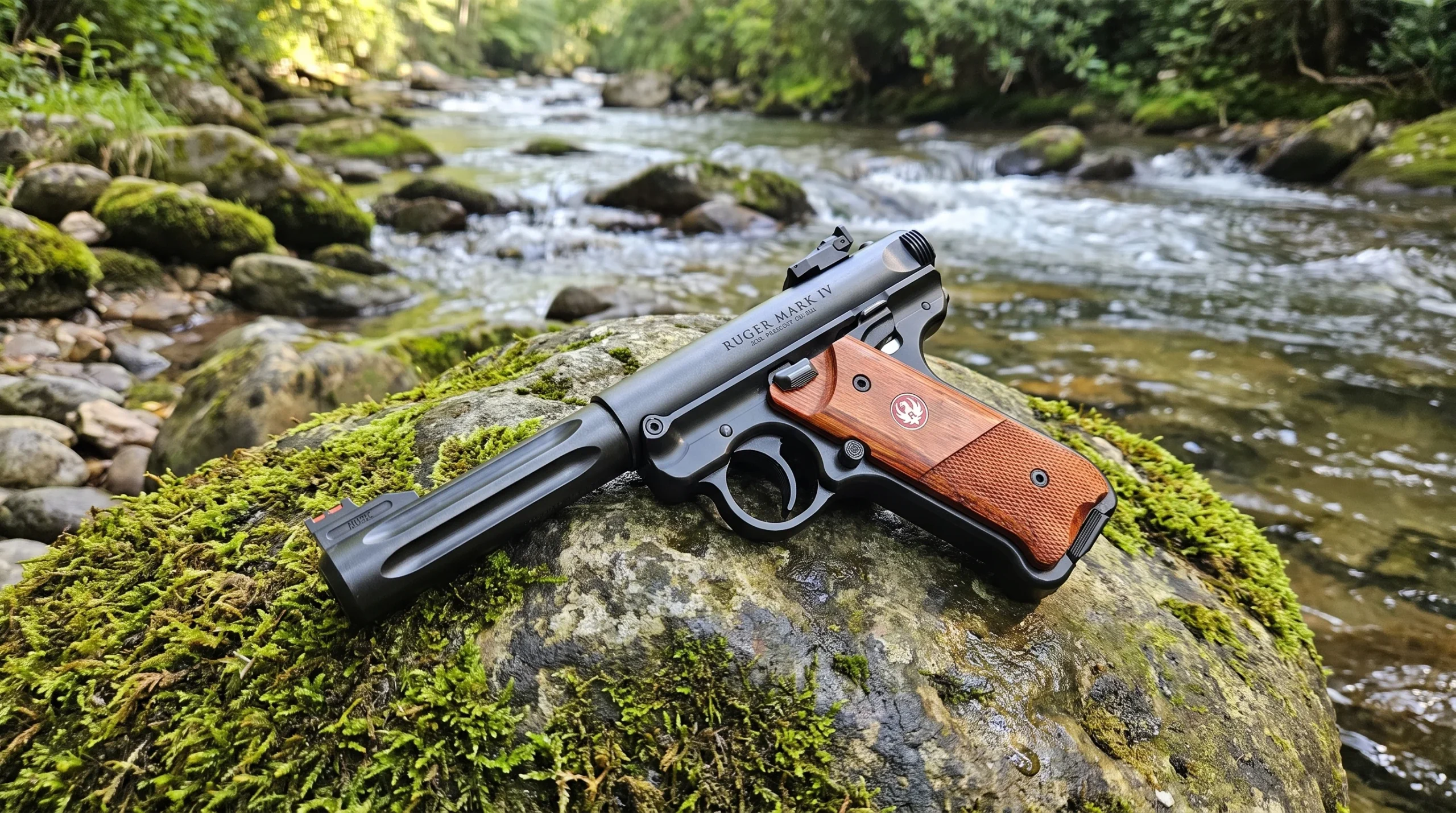 Ruger Mark IV Hunter pistol on a mossy riverside boulder beside a trout stream in soft morning light