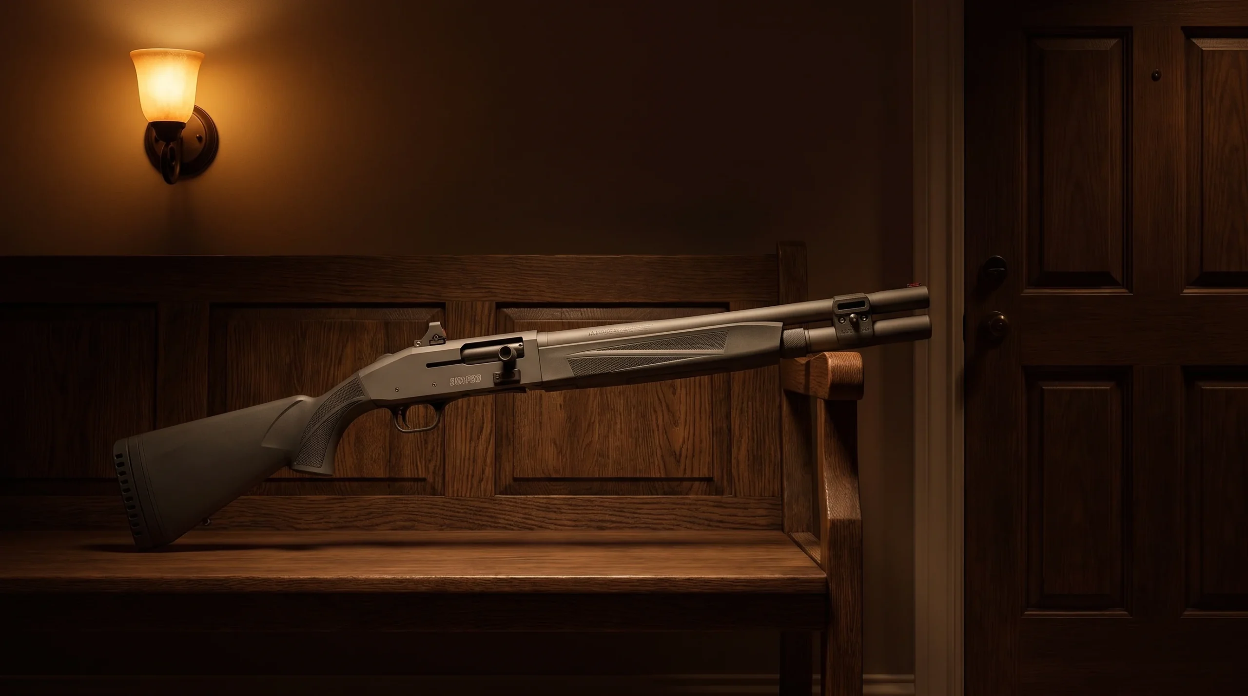 Mossberg 940 Pro Tactical shotgun on a dark oak entryway bench beside a front door at night lit by a single warm wall sconce