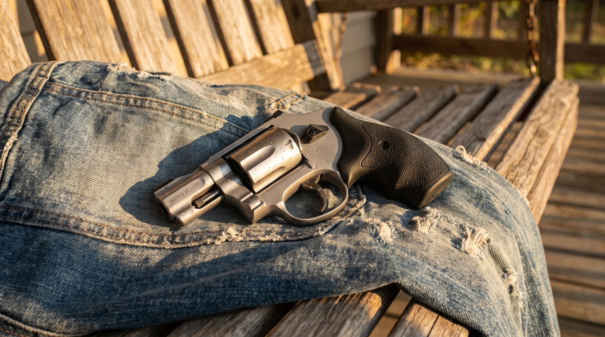 Smith & Wesson Model 642 revolver on a sun faded blue denim jacket on a weathered porch swing in late afternoon light