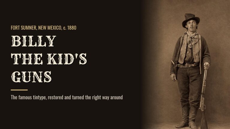 Billy the Kid gun photo: AI-assisted restoration of the c.1880 Fort Sumner tintype of Billy the Kid holding a Winchester 1873 carbine, beside the headline Billy the Kid's Guns