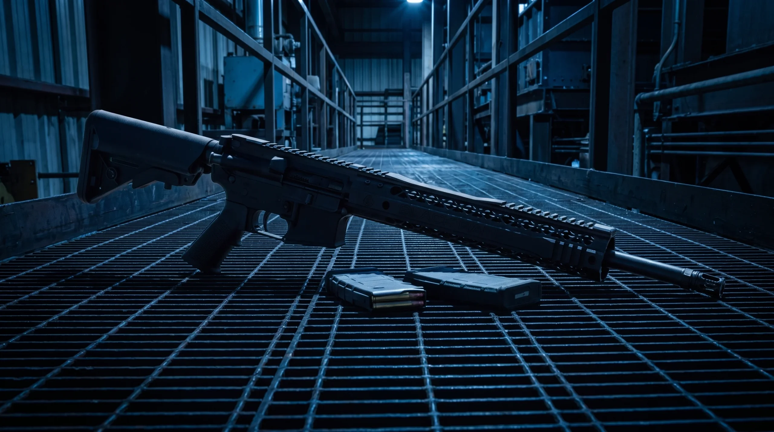 Black Rain Ordnance Spec 15 on a dark steel grating catwalk in an industrial building at night under cool blue work lights