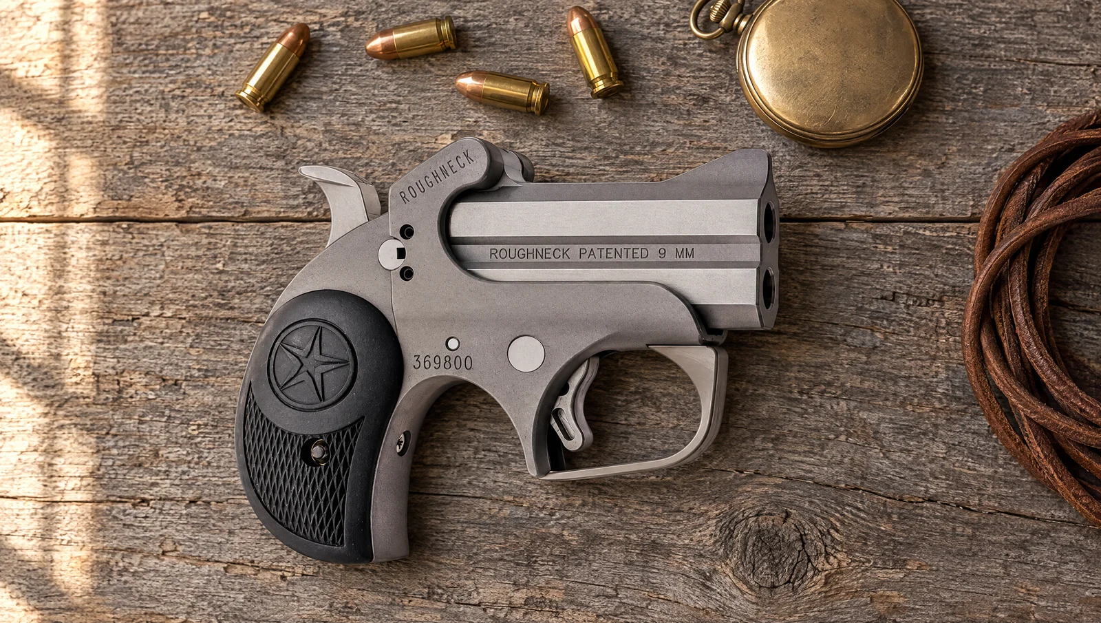 Bond Arms Roughneck 9mm stainless derringer with bead-blasted rough finish lying on a barnwood table beside 9mm cartridges and a brass pocket watch